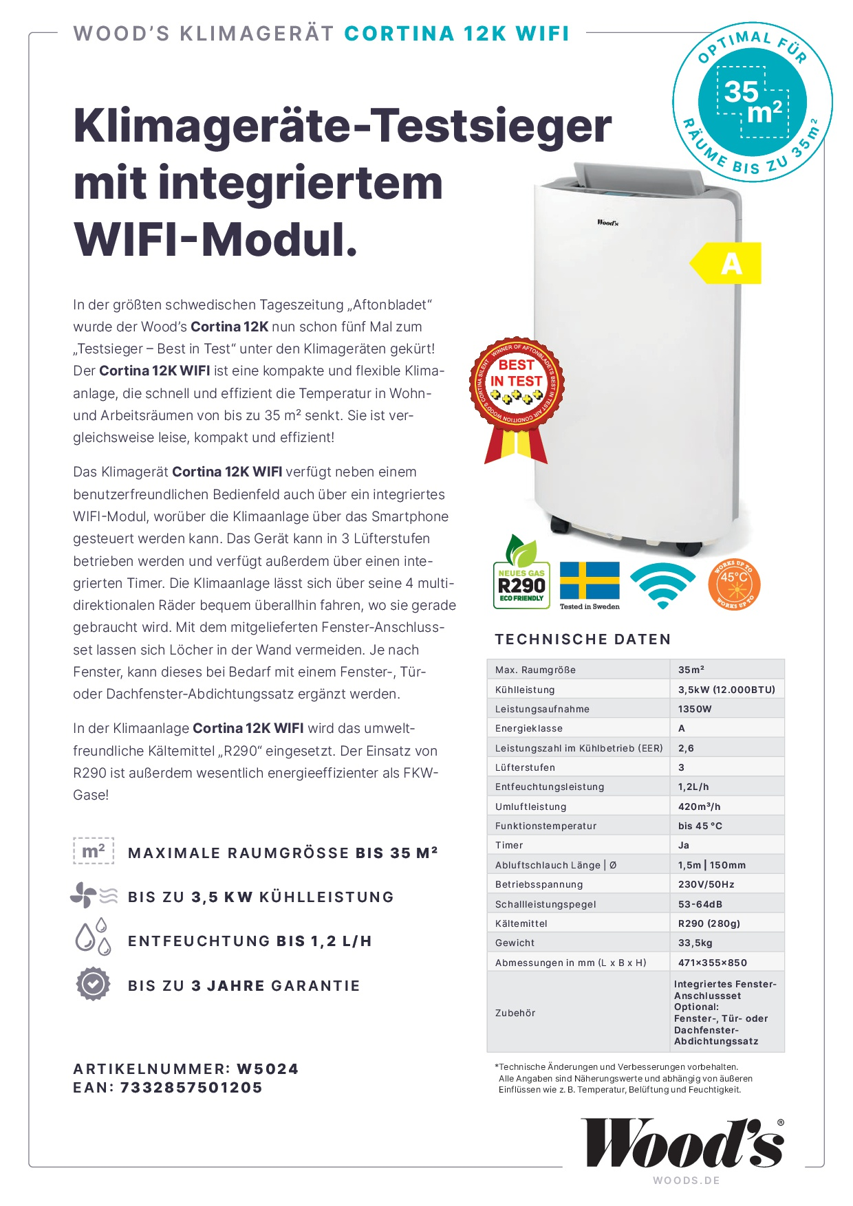 Weißer Klimaanlage mit beschrifteten Funktionen. Textdetails zur Energieeffizienz, Filter und andere Funktionen.