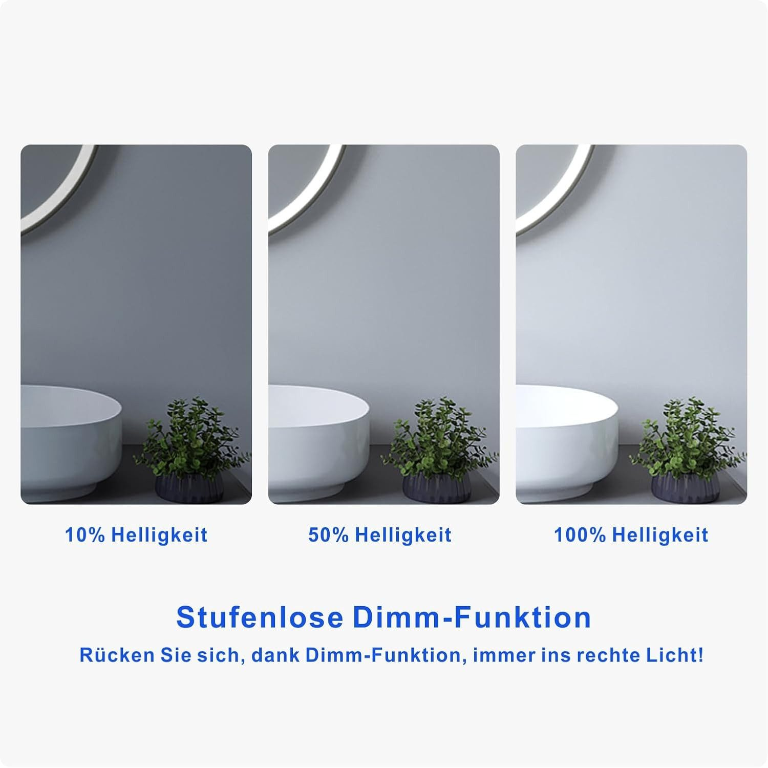 Drei Bilder, die die Helligkeitsstufen eines Spiegels zeigen: 10 %, 50 % und 100 %.