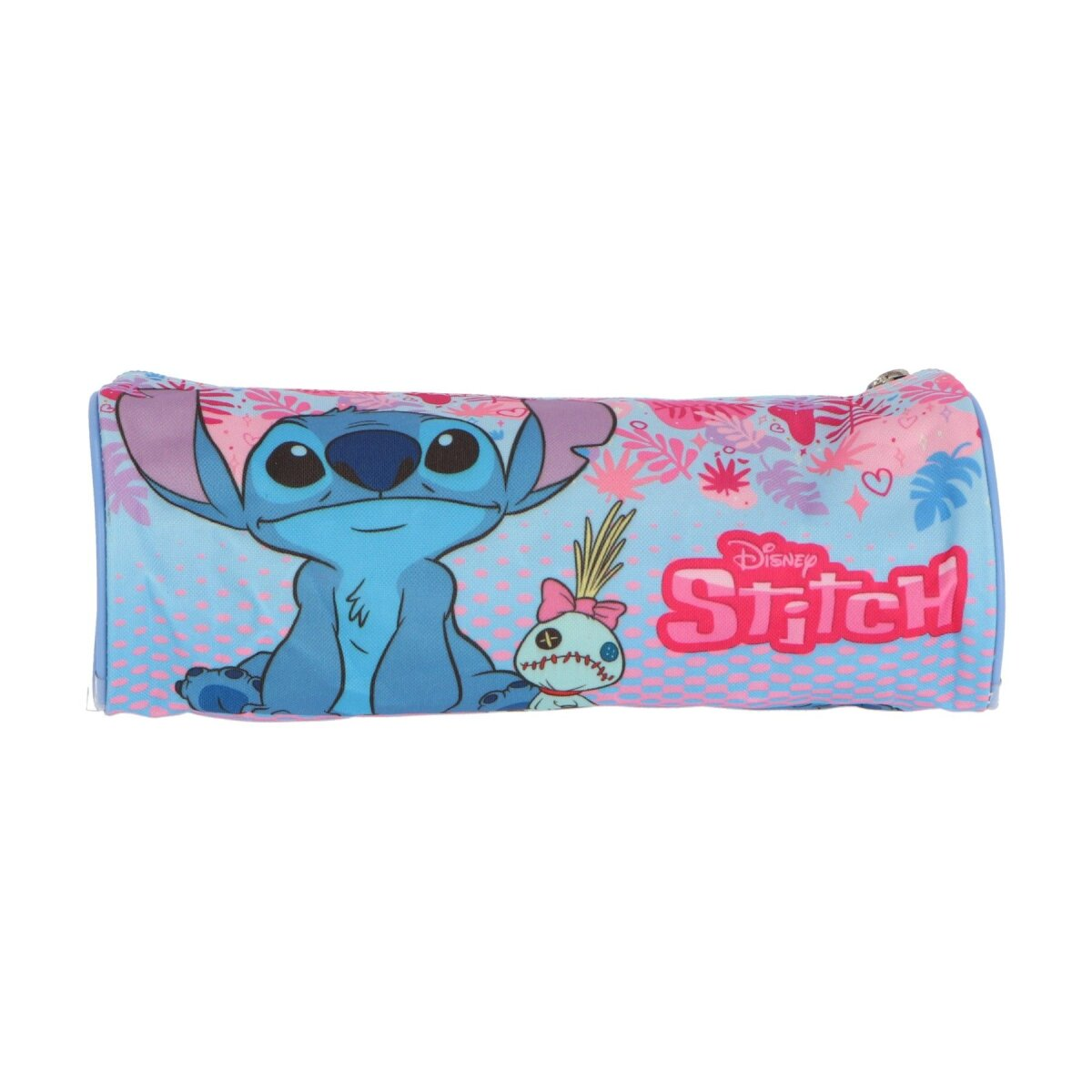 Ein zylindrisches Federmäppchen mit Stitch. Das Etui ist hellblau mit rosa Akzenten und dem Disney-Logo.