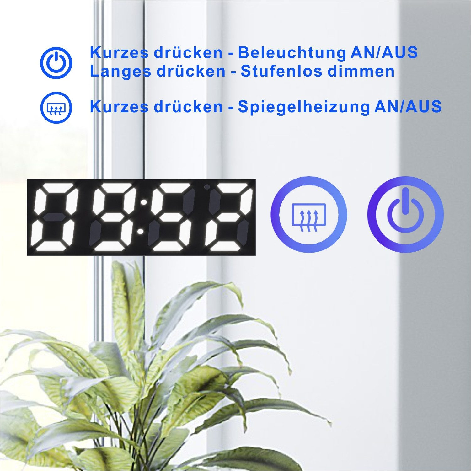 Eine Digitaluhr mit einer grünen Pflanze vor einem Fenster. Es gibt Tasten zur Spiegelsteuerung.