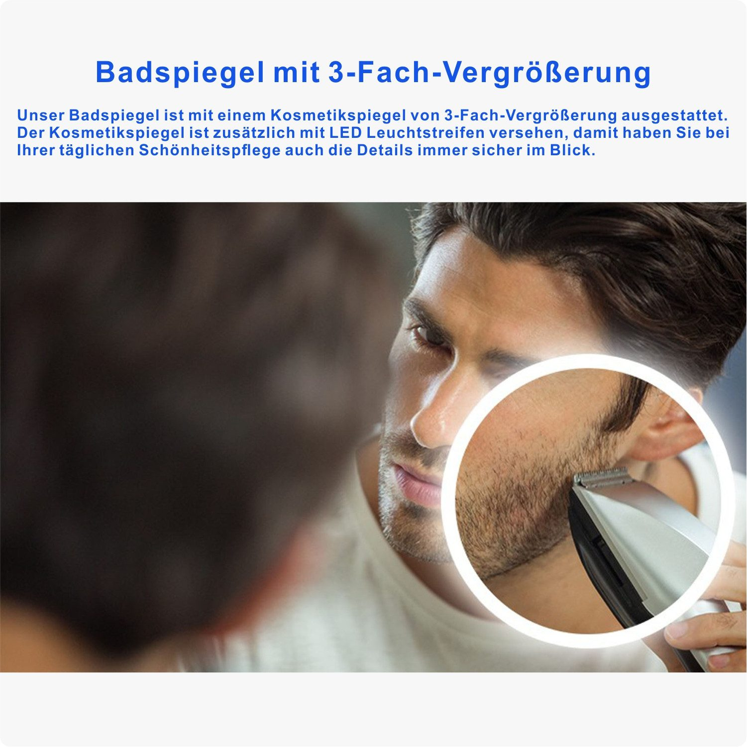 Ein Mann rasiert sich vor einem Spiegel den Bart. Der Spiegel hat ein Vergrößerungslicht darum.