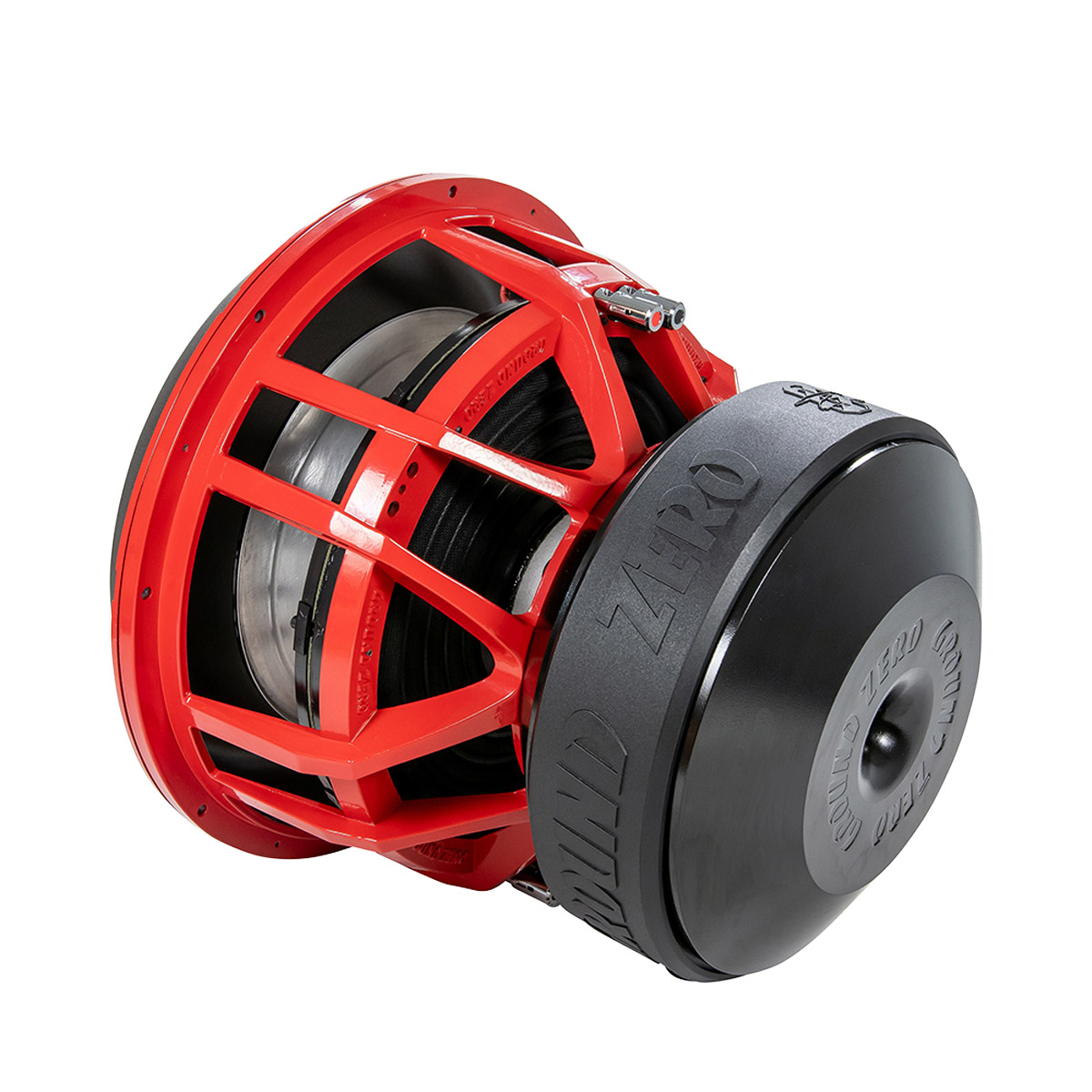 Roter und schwarzer Subwoofer-Lautsprecher. Er hat einen roten Rahmen und eine schwarze Rückseite mit Text.