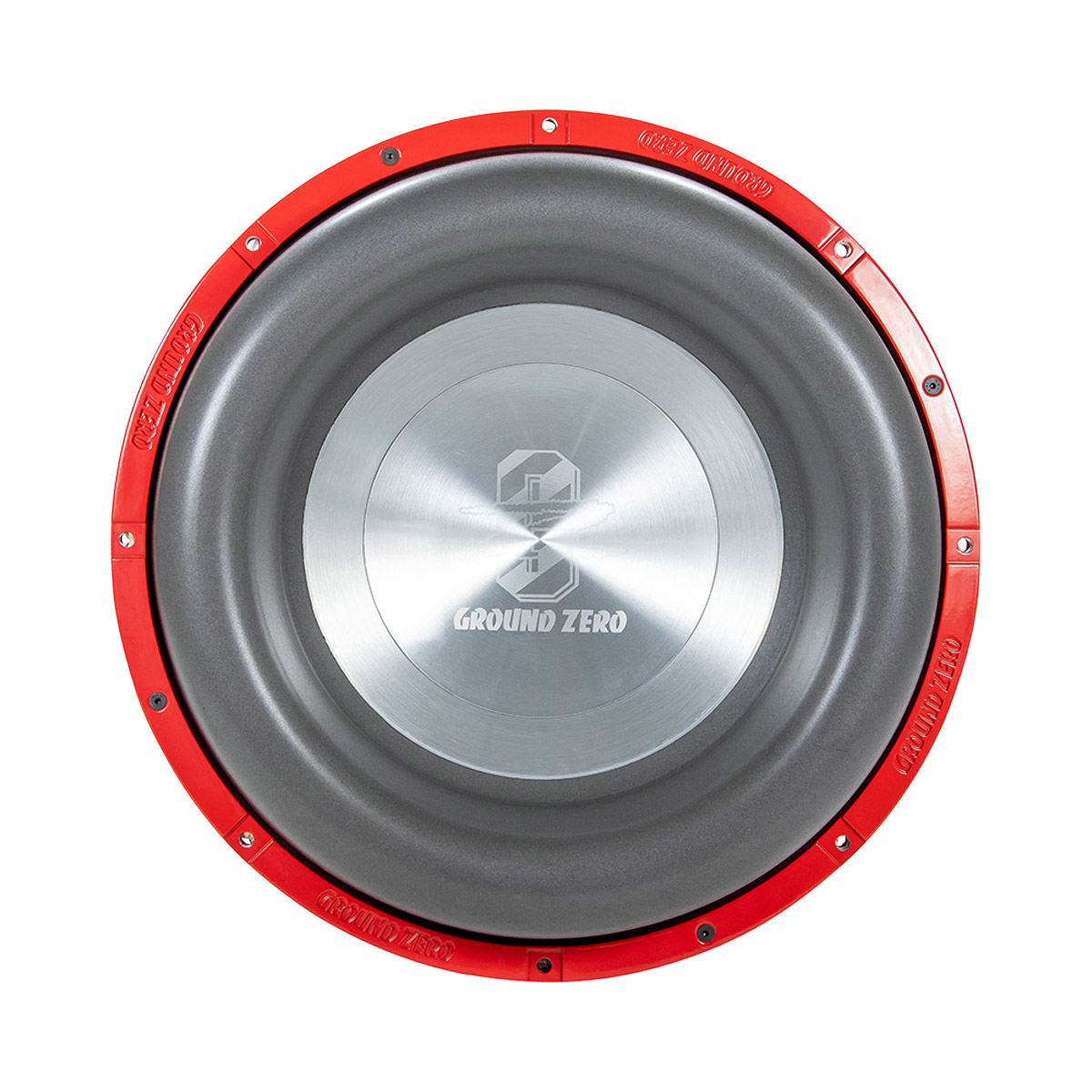 Ein runder, grauer Subwoofer mit rotem Rand. Er hat eine silberne Mitte mit dem Text GROUND ZERO.