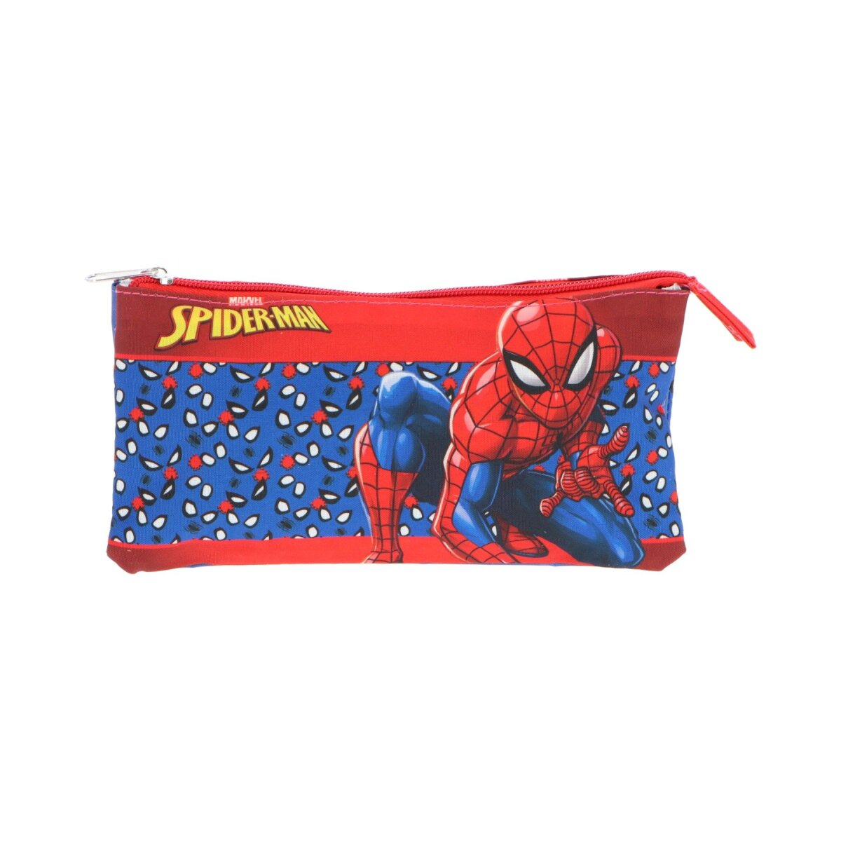 Rotes und blaues Spider-Man Federmäppchen. Spider-Man ist auf der Vorderseite abgebildet.