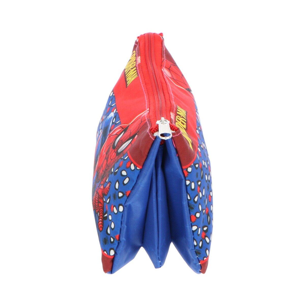 Rotes und blaues Spider-Man Federmäppchen. Es hat einen Reißverschluss, die Seiten sind gefaltet.