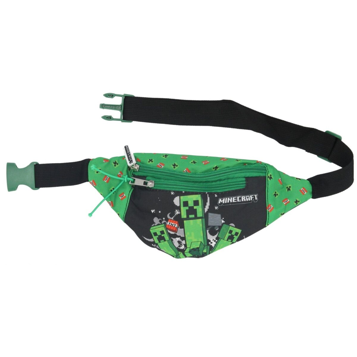 Grüne Bauchtasche mit Minecraft-Charakteren. Sie hat einen schwarzen Gürtel und eine grüne Schnalle.