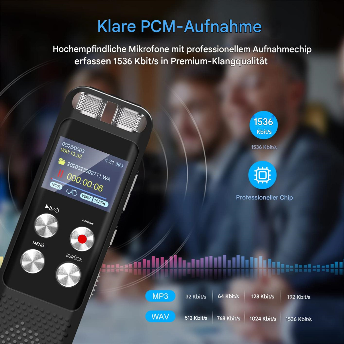 Schwarzer digitaler Diktiergerät, das Einstellungen anzeigt. Es enthält Knöpfe und eine Informationsanzeige.