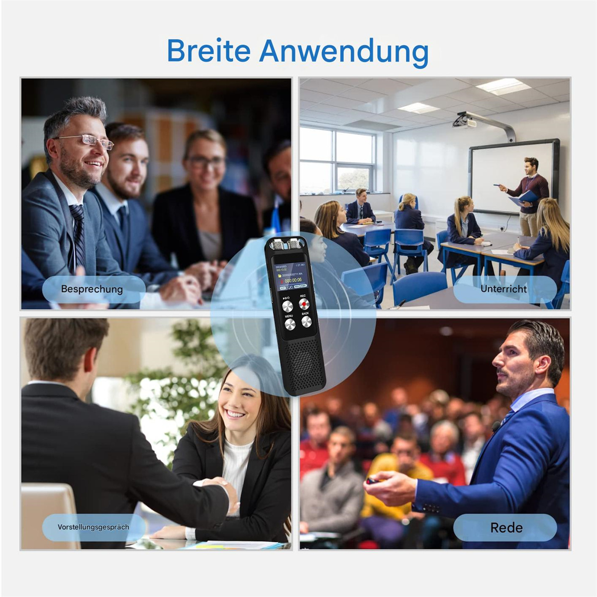 Vier Bilder zeigen das Aufnahmegerät in verschiedenen Umgebungen. Menschen in Meetings, Klassenzimmern etc.