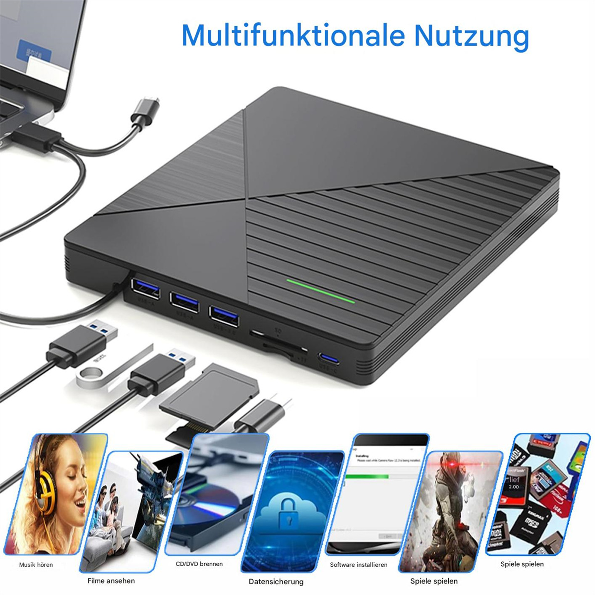 Schwarzer Hub mit vielen Anschlüssen, an einen Laptop angeschlossen. Symbole für Mediennutzung, CDs, Datensicherheit und Software.