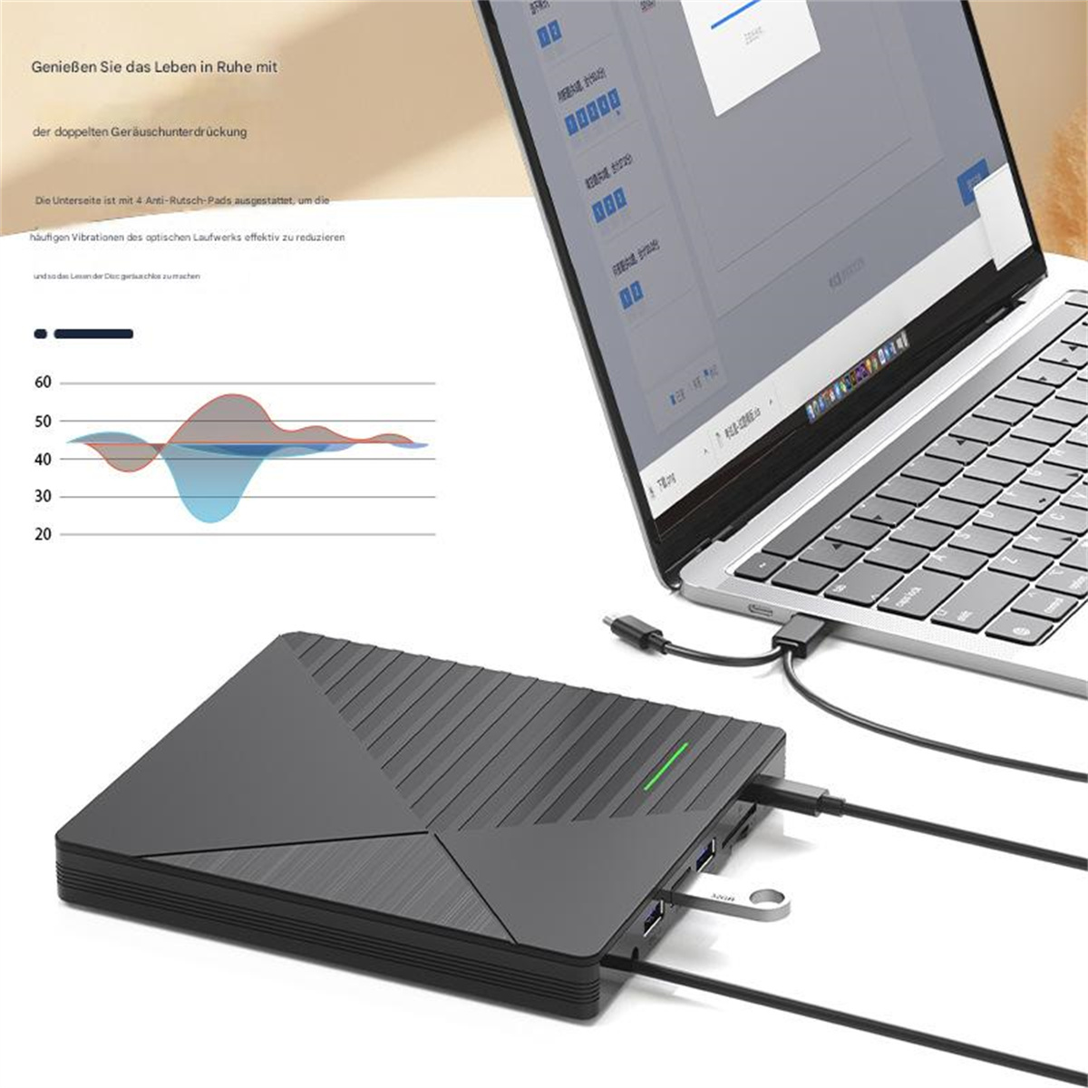 Ein schwarzer Hub ist mit einem Laptop verbunden. Links sind ein Diagramm und Text. Ein USB-Laufwerk ist eingesteckt.