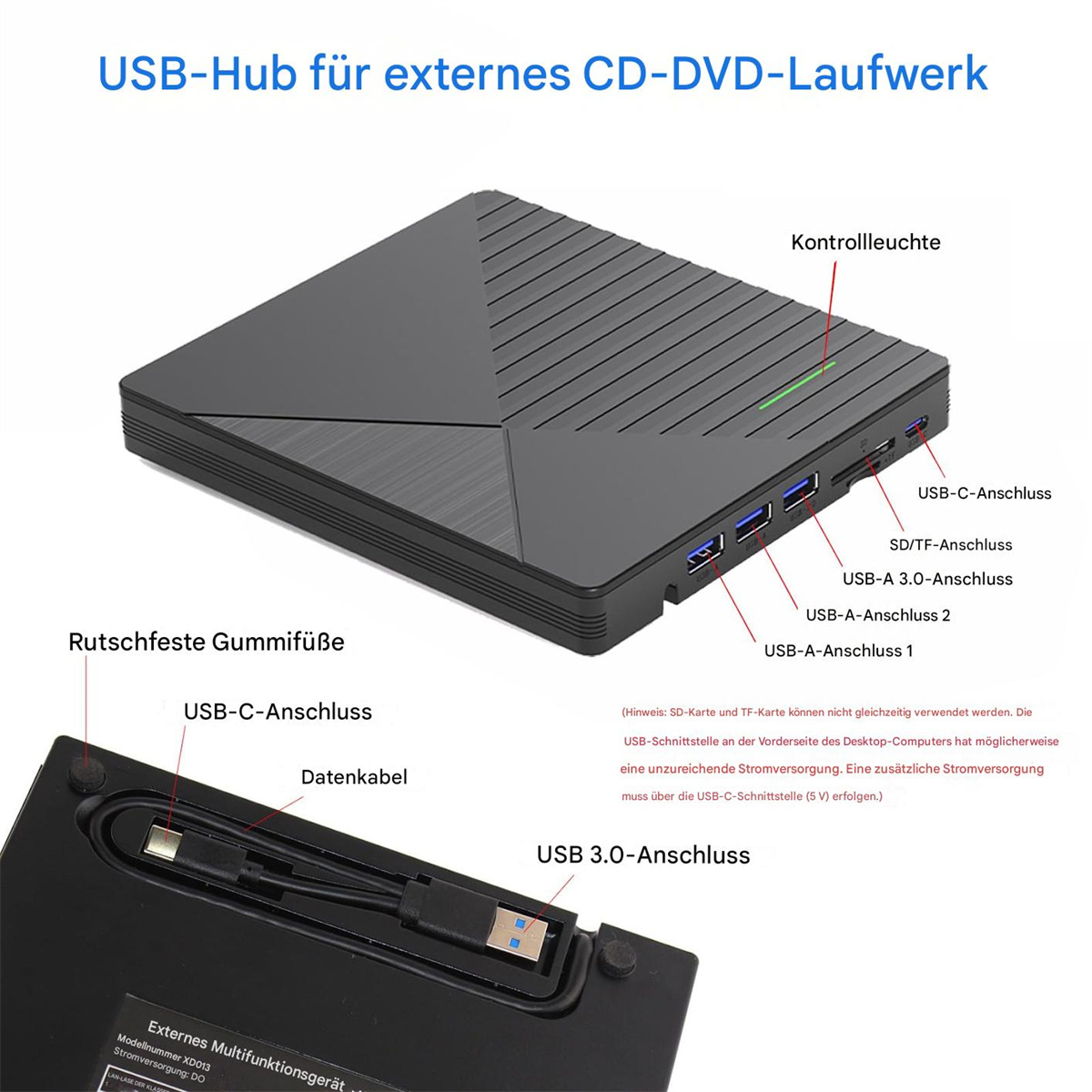 Schwarzer Hub für ein externes CD/DVD-Laufwerk mit Anschlüssen und Beschriftungen. Zeigt die Unterseite mit Kabel und Anschlüssen.