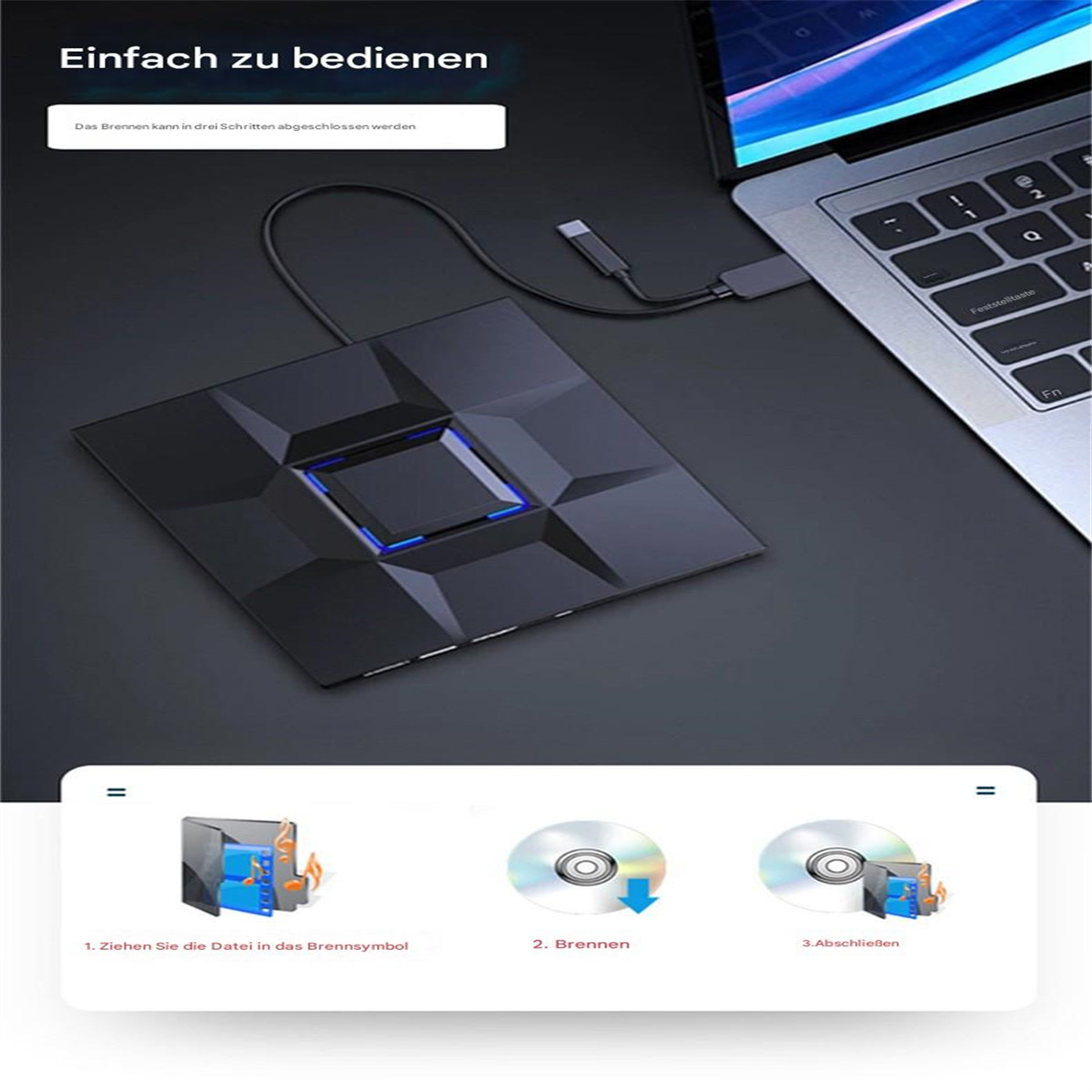 Schwarzes quadratisches externes Laufwerk, das mit einem Laptop verbunden ist. Grafiken zeigen das Brennen einer CD in 3 Schritten.