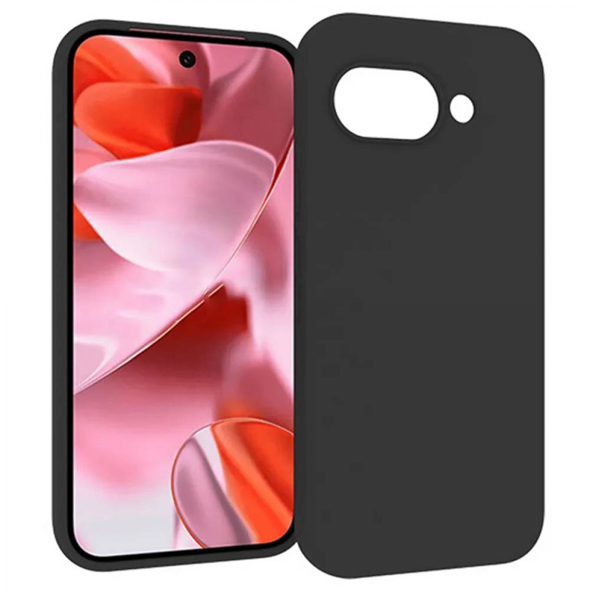 Schwarzes Telefon mit Bildschirm, der ein rosa-oranges Bild zeigt. Schwarzes Gehäuse.