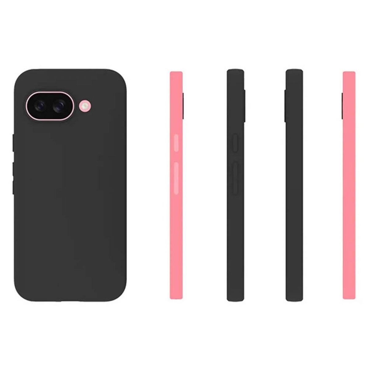 Schwarze Telefonhüllen mit rosa Seiten. Mehrere Hüllen werden gezeigt.