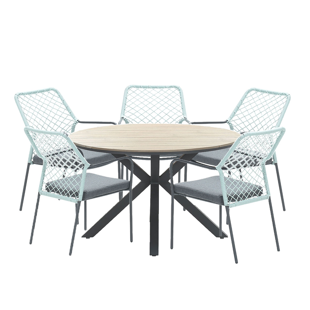 Een ronde tafel met een licht houten blad en 5 stoelen met blauwe mesh ruggen en grijze kussens.
