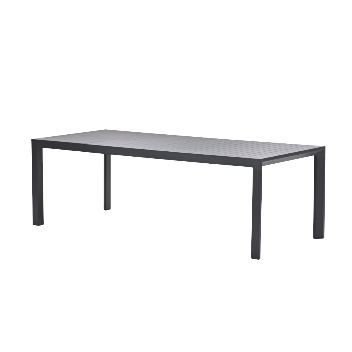 A grey rectangular table with four legs, set against a white background.
