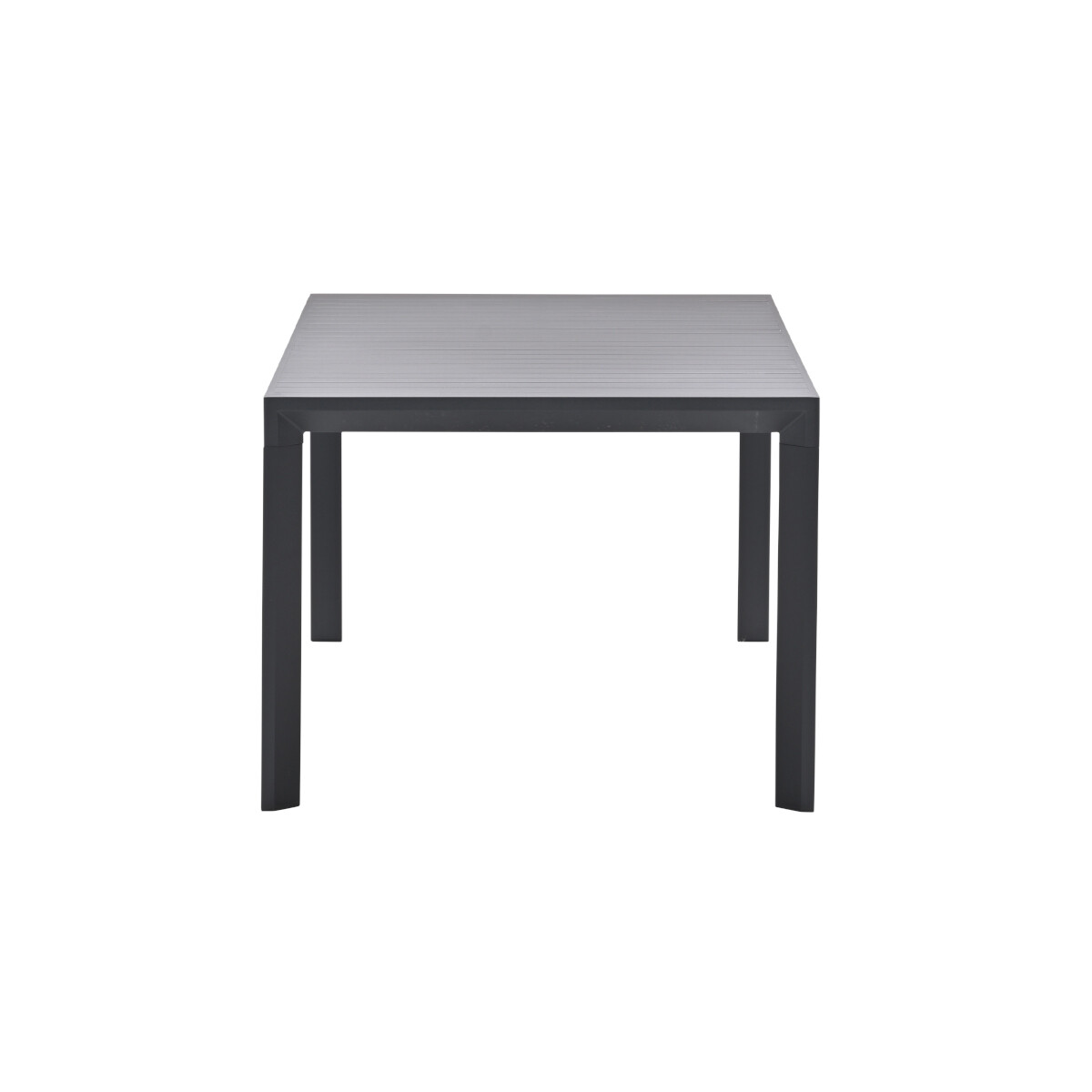 A black square table with a gray top. Four legs are visible.