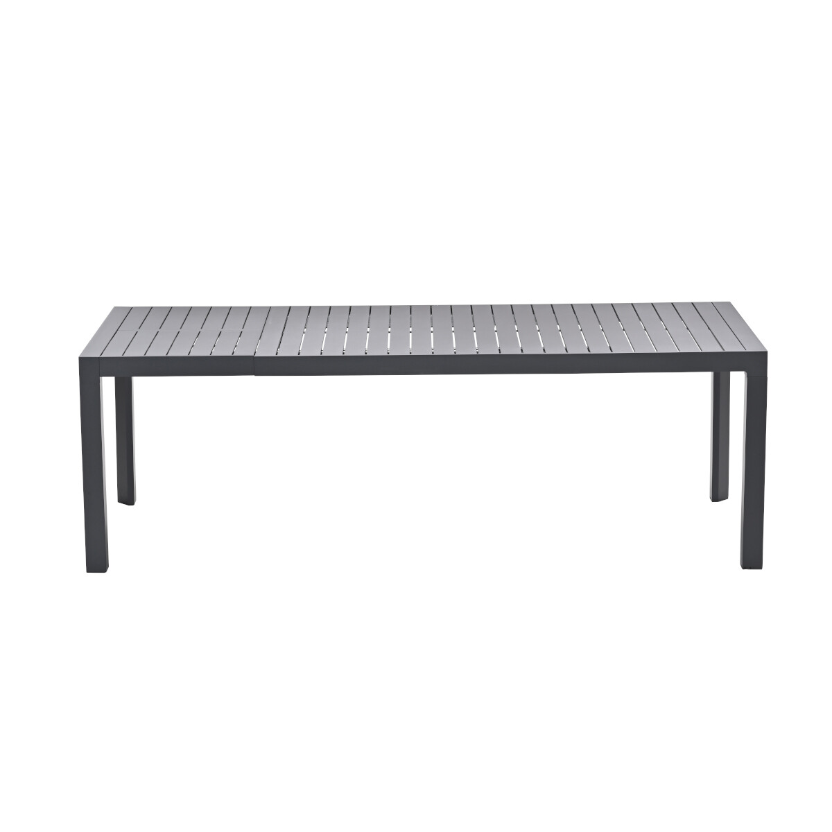 A long grey rectangular table with four legs, on a white background.