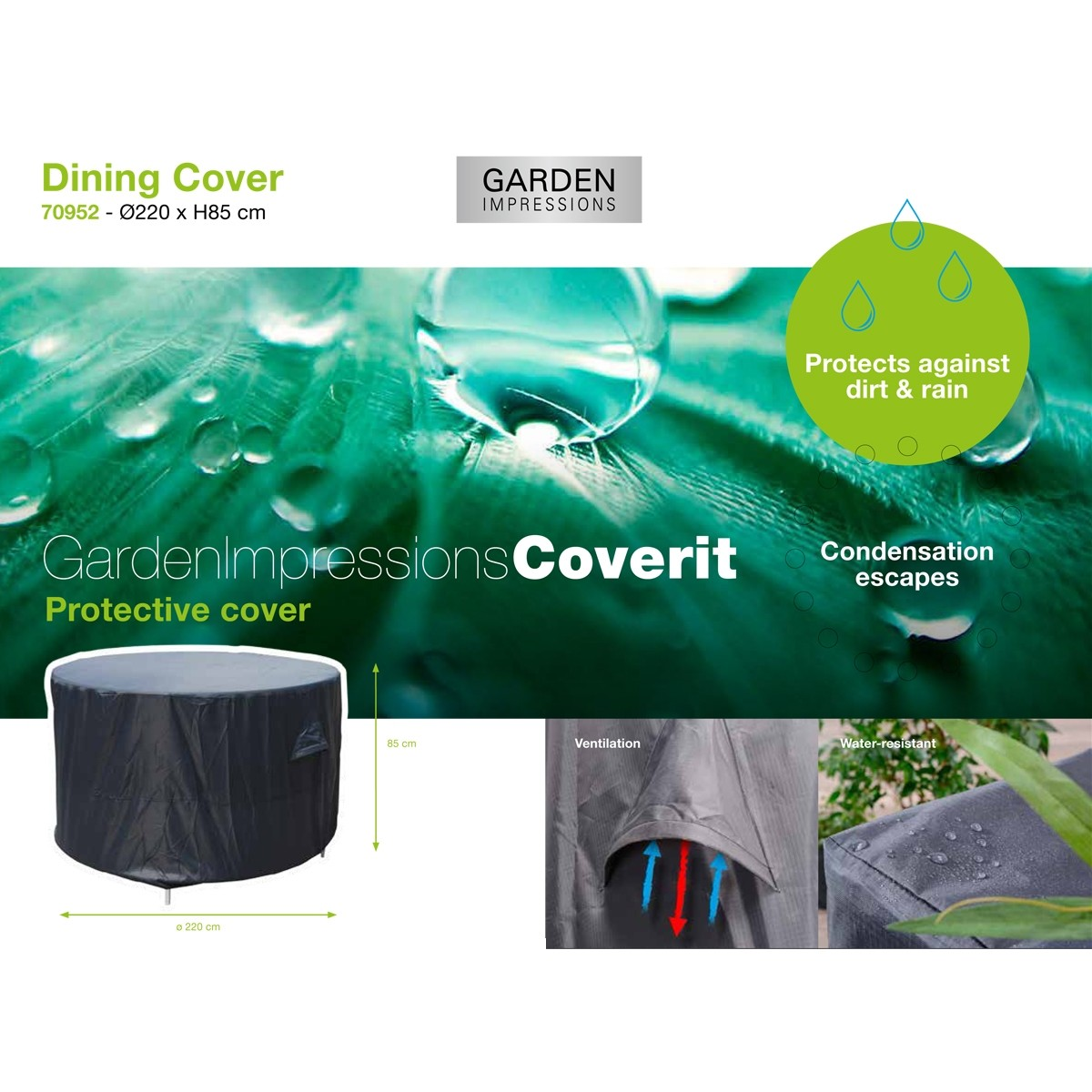 A diagram showing a black table cover and its features, including water resistance.