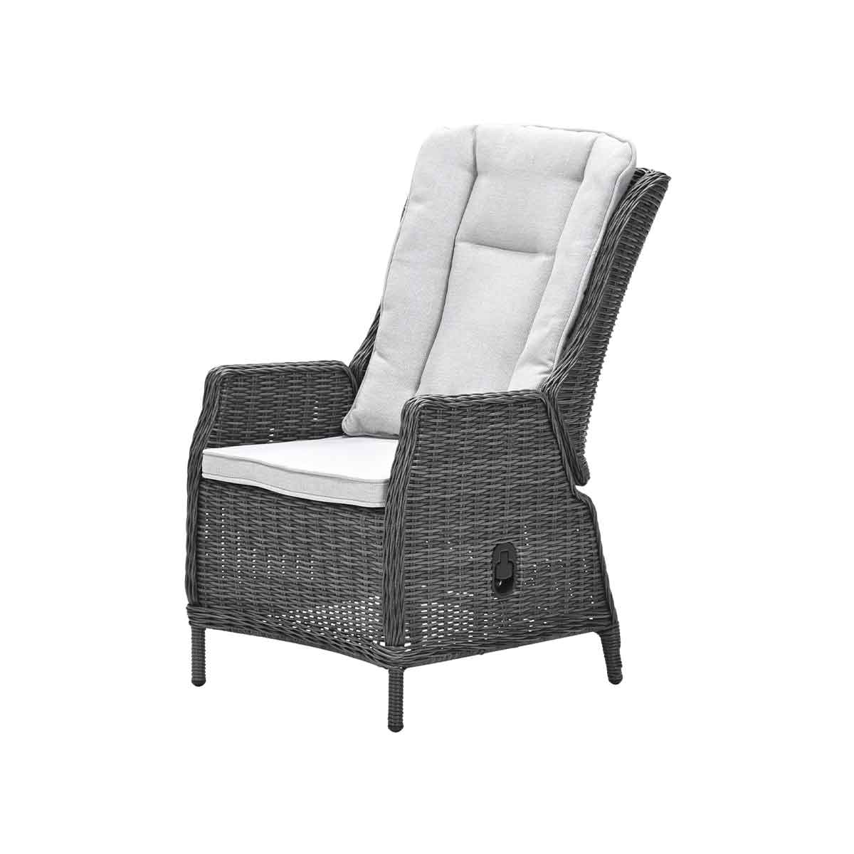 Wicker chair with high back and gray cushion, set against a white background.
