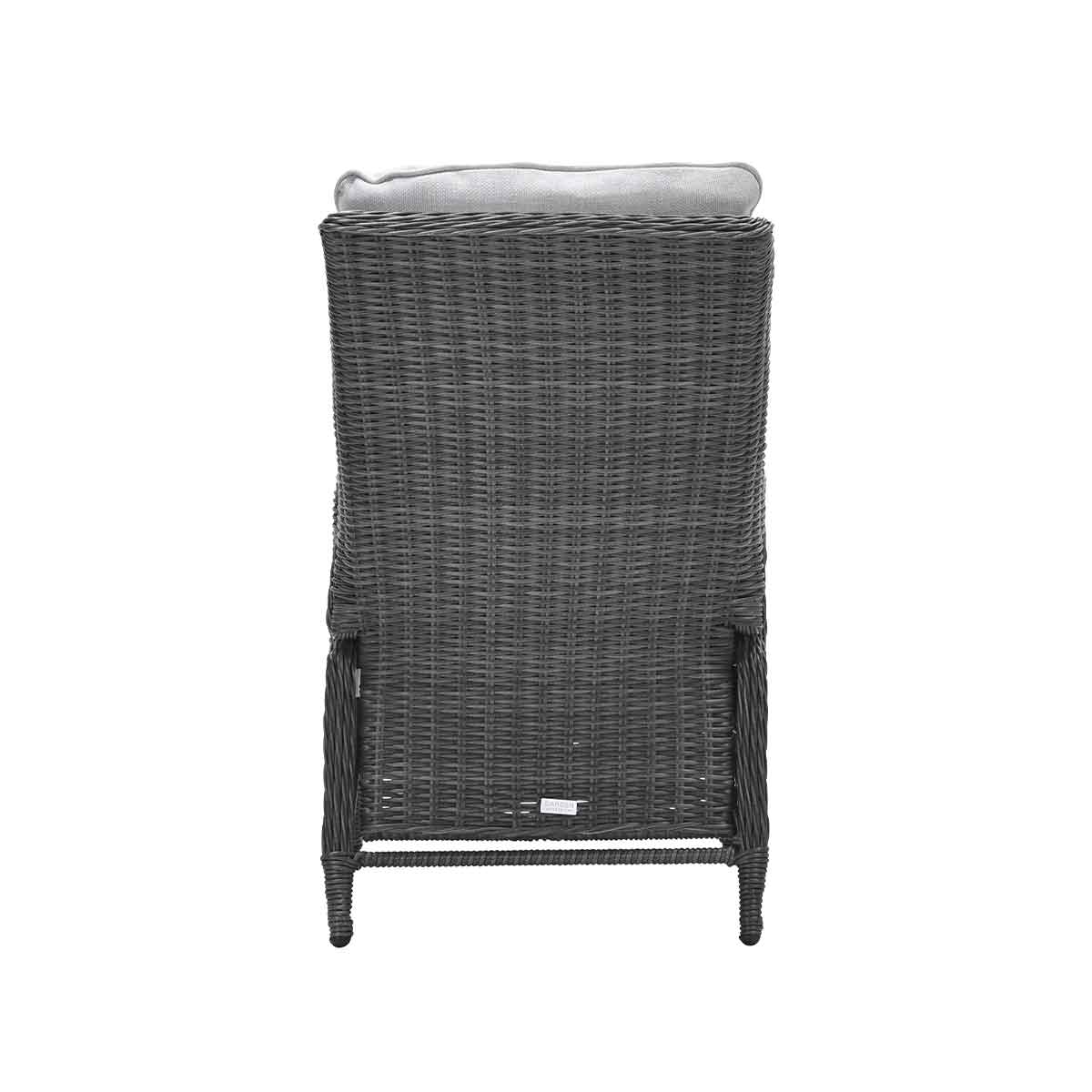 Rear view of gray wicker chair with cushion. White background.