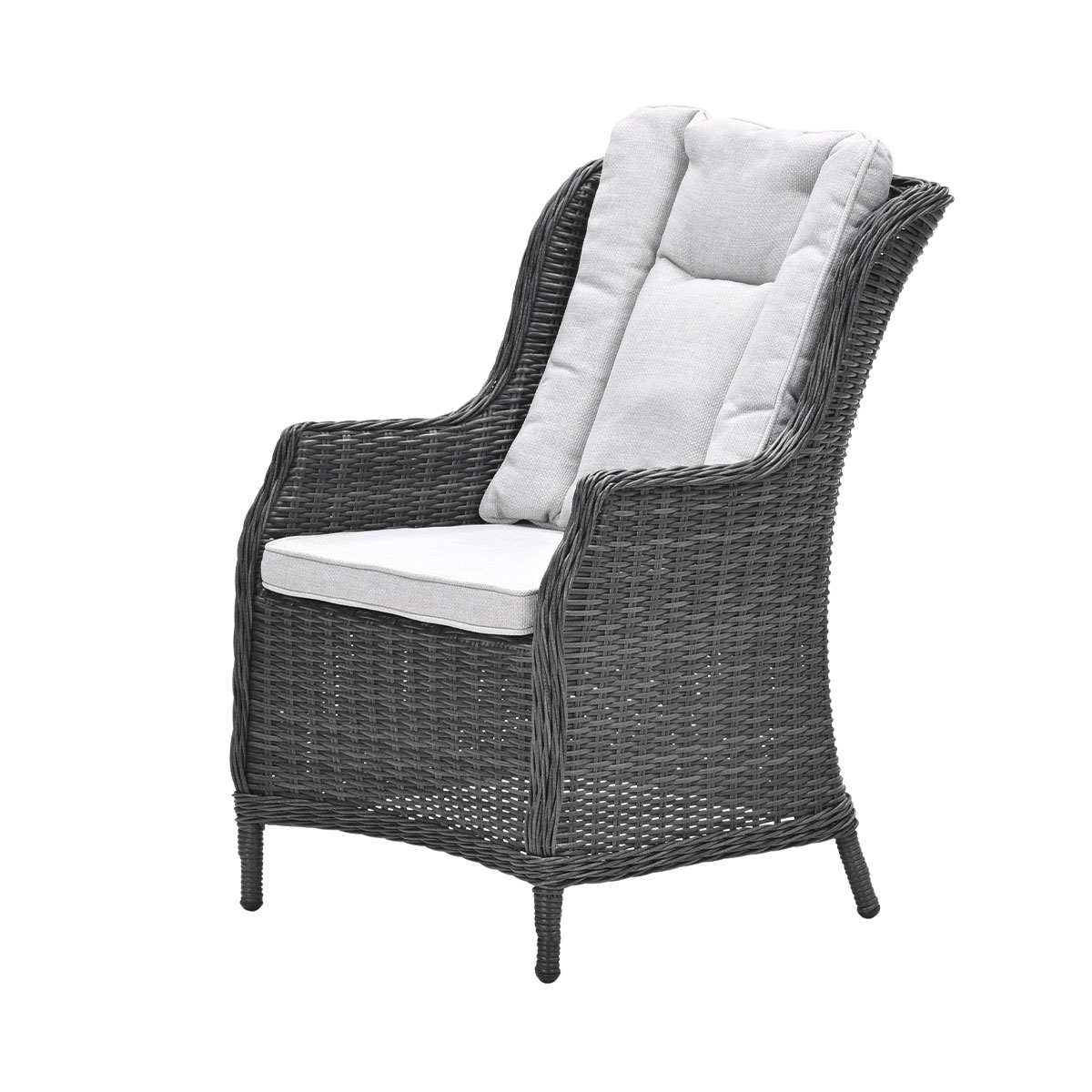 Gray wicker chair with white cushions. High back, armrests, and four legs. Isolated on white.