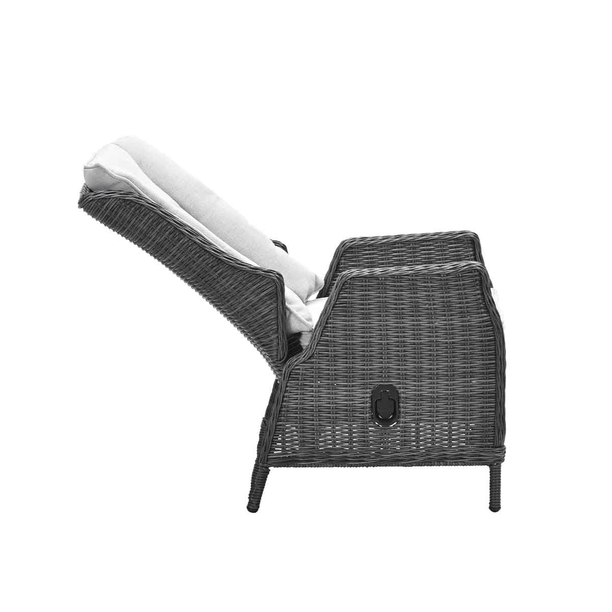 Gray wicker chair with white cushion, reclined. The back is angled up. Isolated on white background.