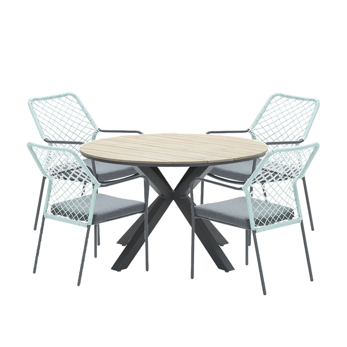 A round wooden table with four chairs around it. Chairs have a light-blue mesh back and gray cushions.