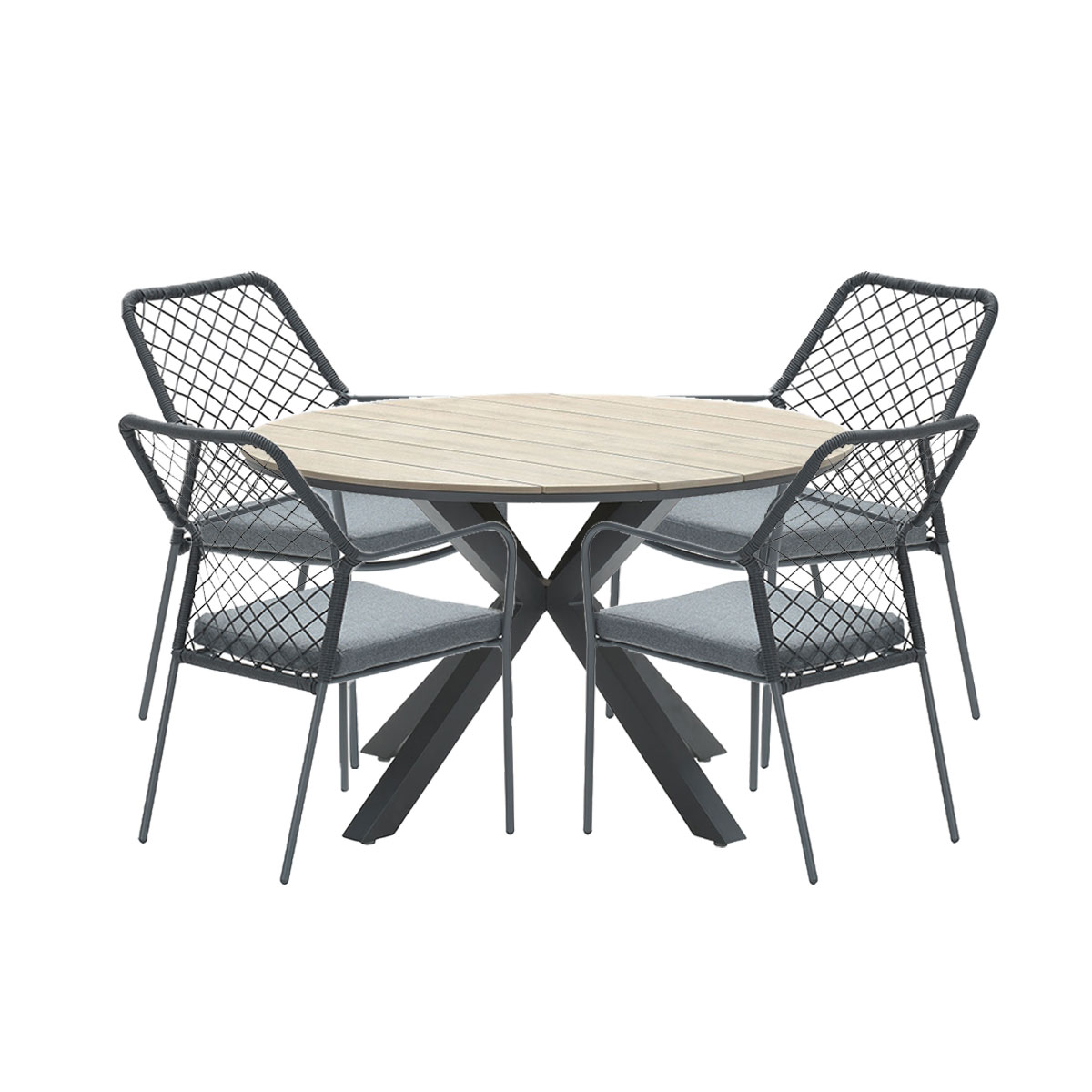 Round wooden table with four chairs, all with a modern design and white background.