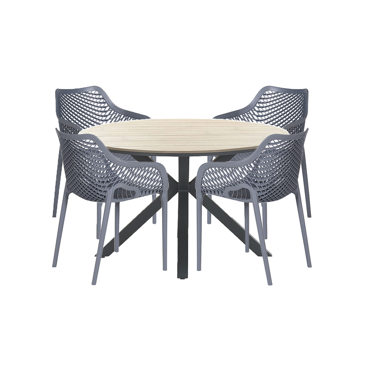 Table ronde avec quatre chaises, design moderne, fond blanc.