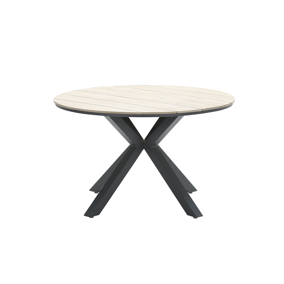 Table ronde en bois avec base noire, isolée sur fond blanc, design moderne.