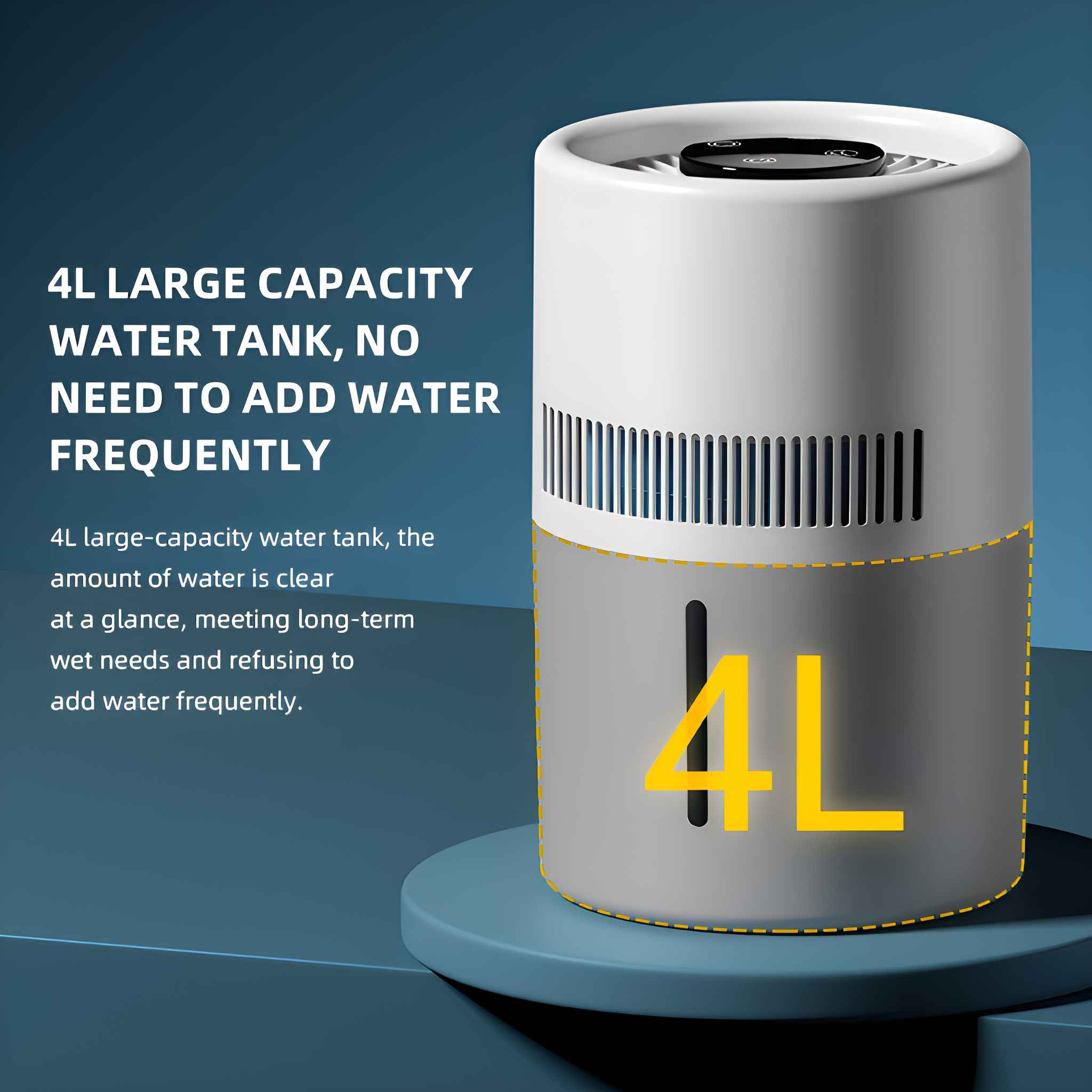 Weiß-grauer Luftbefeuchter mit Text über einen 4L-Wassertank. Gelbe Linie zeigt die Kapazität.