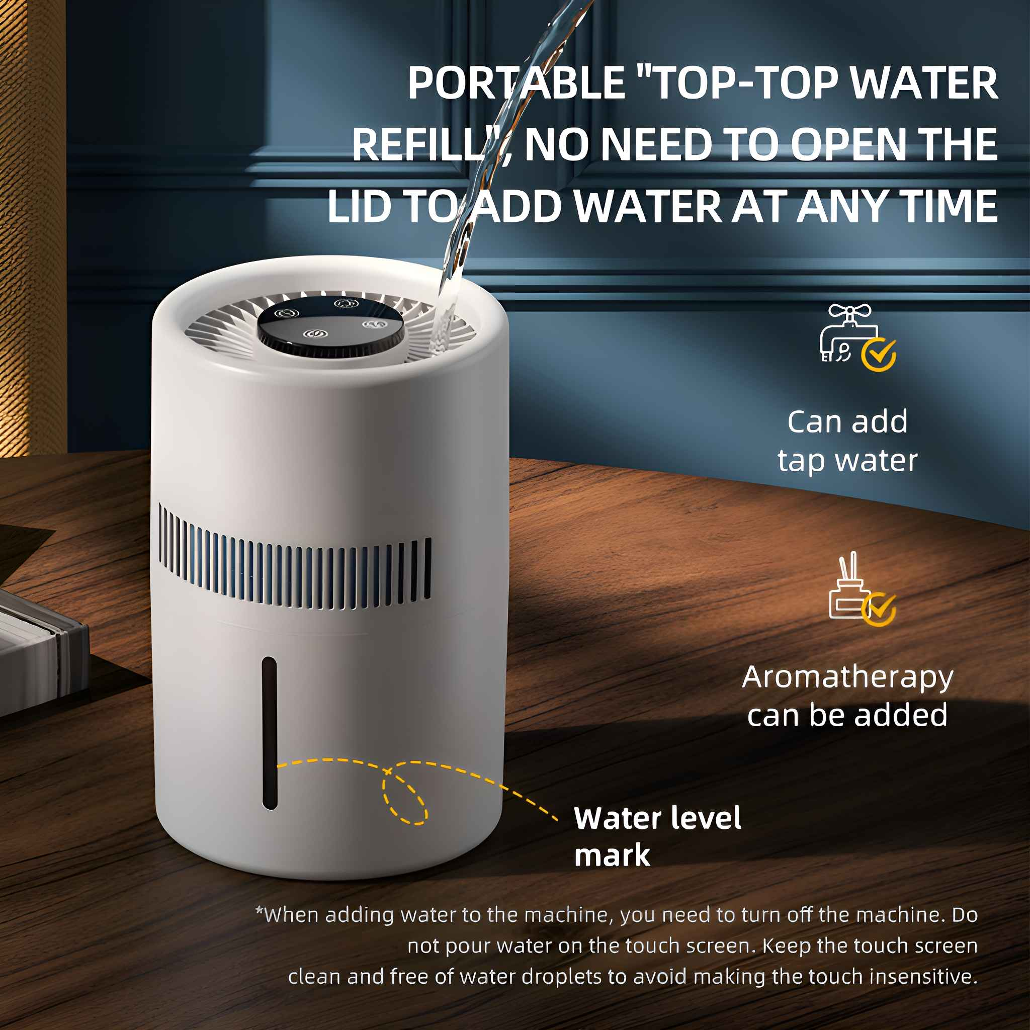 Weißer Luftbefeuchter mit Text, Wasserstandsanzeige und Aromatherapie-Funktion.
