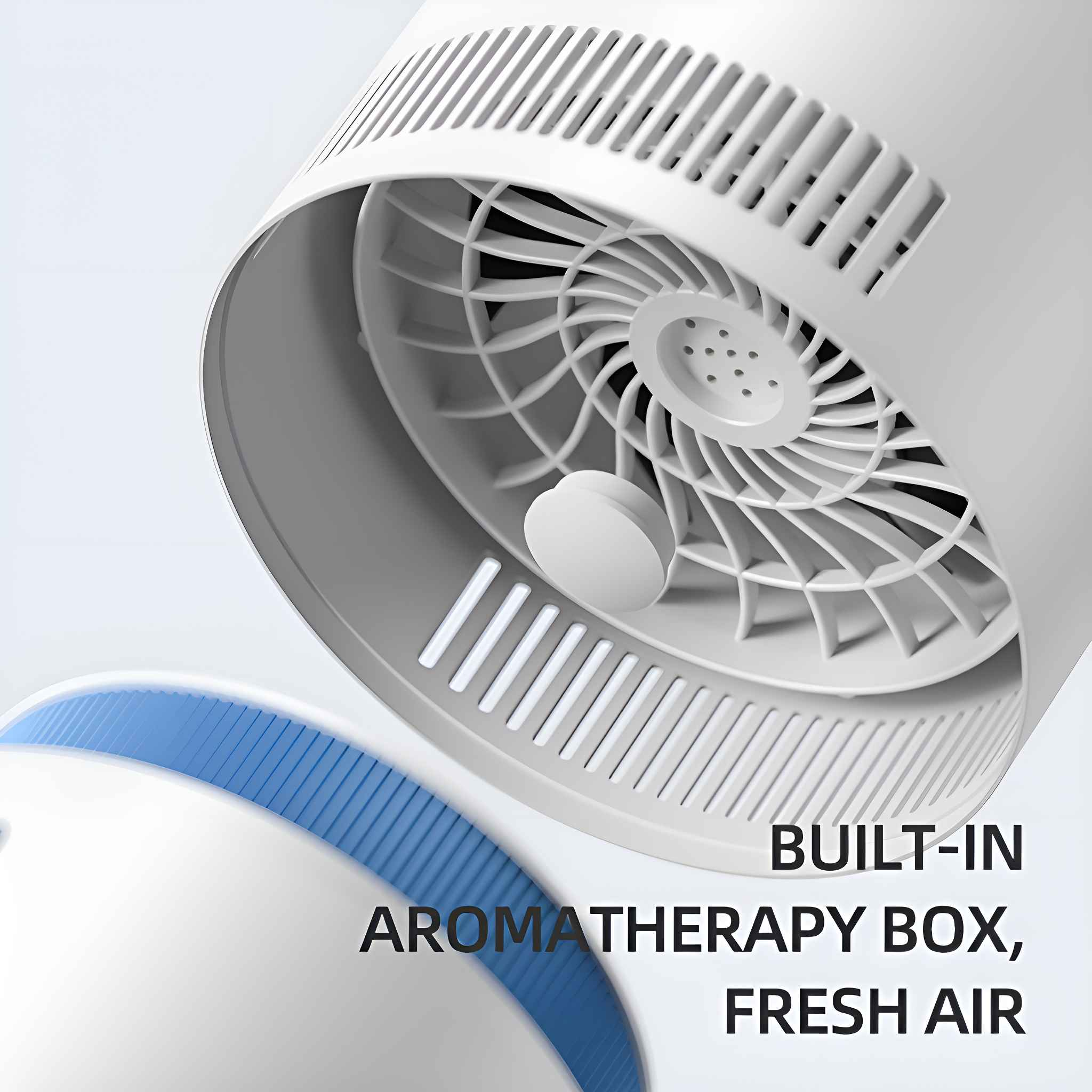 Nahaufnahme der Unterseite eines weißen Luftbefeuchters. Eingebaute Aromatherapiebox sichtbar.