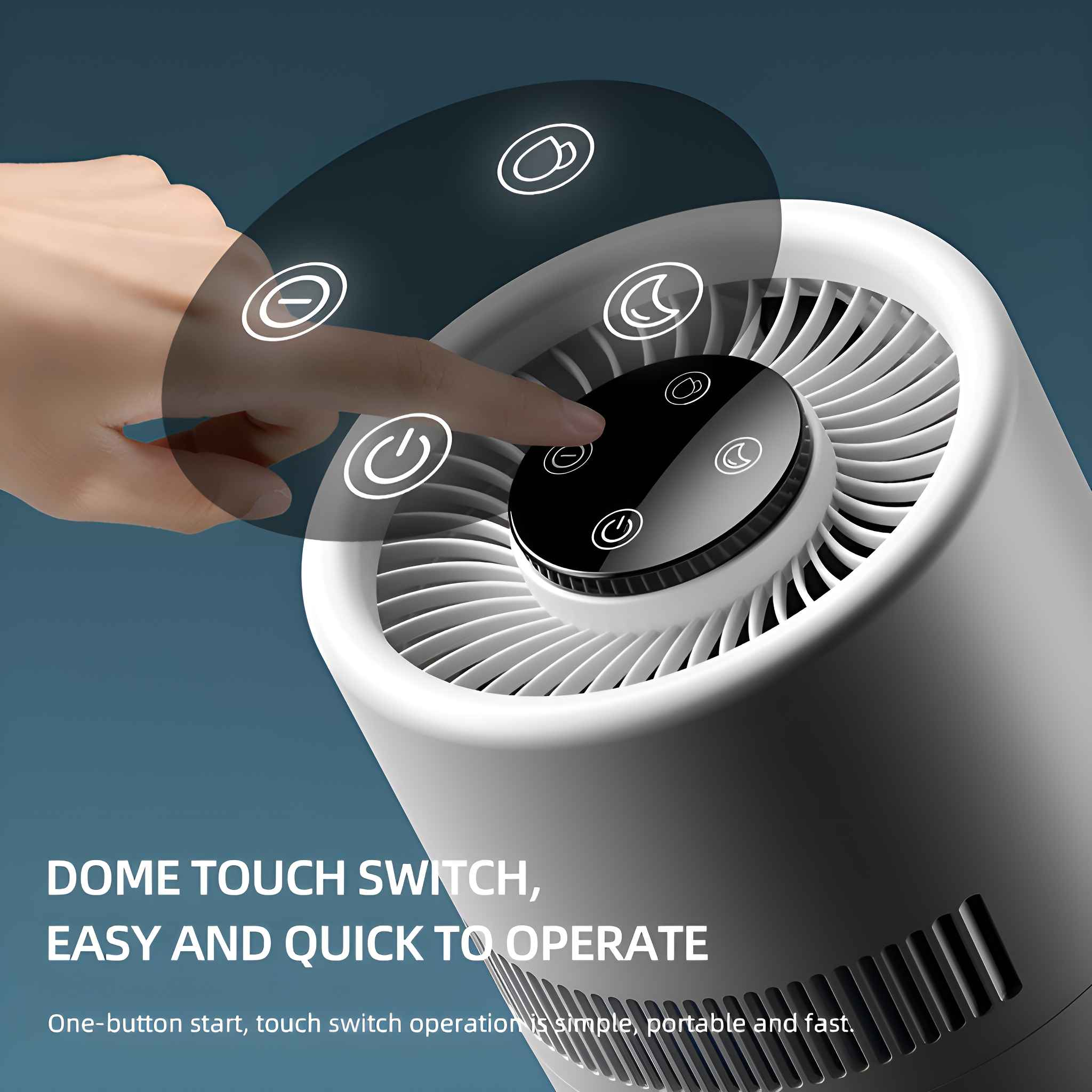 Eine Hand drückt eine Taste auf einem grauen Luftbefeuchter. Text: Dome Touch-Schalter, einfach zu bedienen.