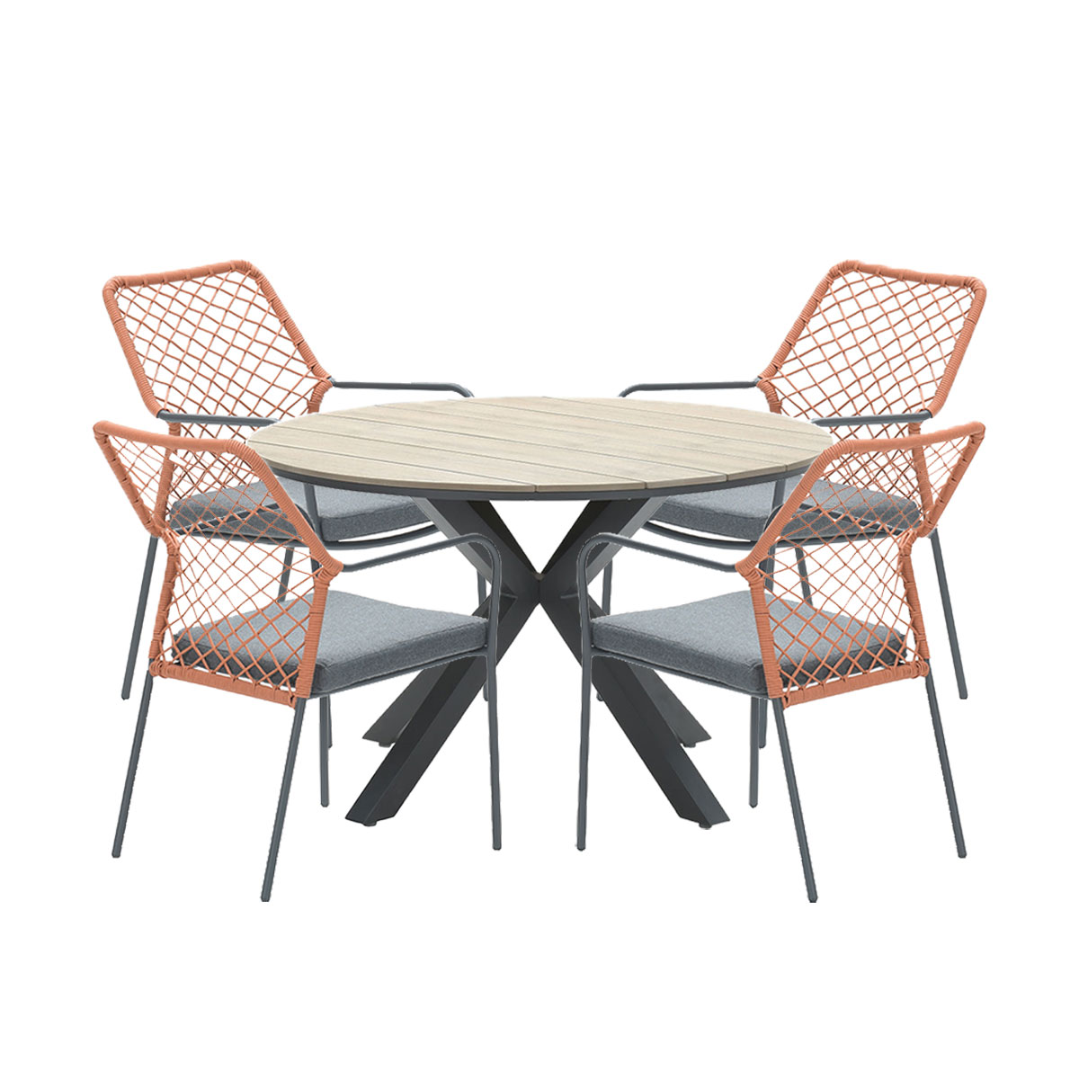 A round wooden table with four chairs around it. Chairs have gray seats and orange mesh backs.