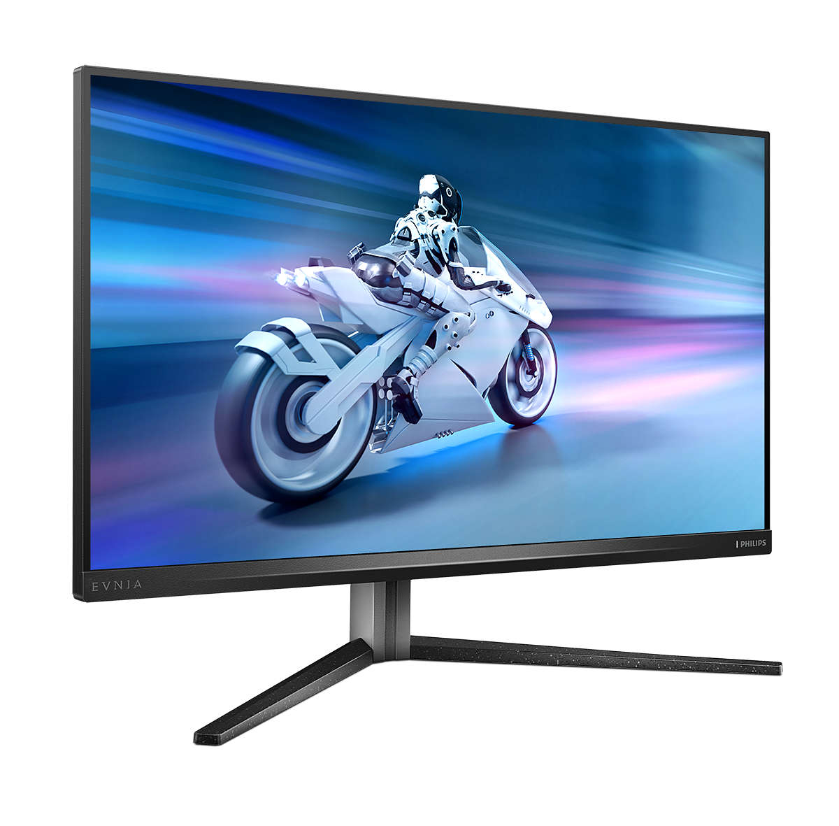 Un monitor mostra una scena di corsa con una moto su sfondo blu.