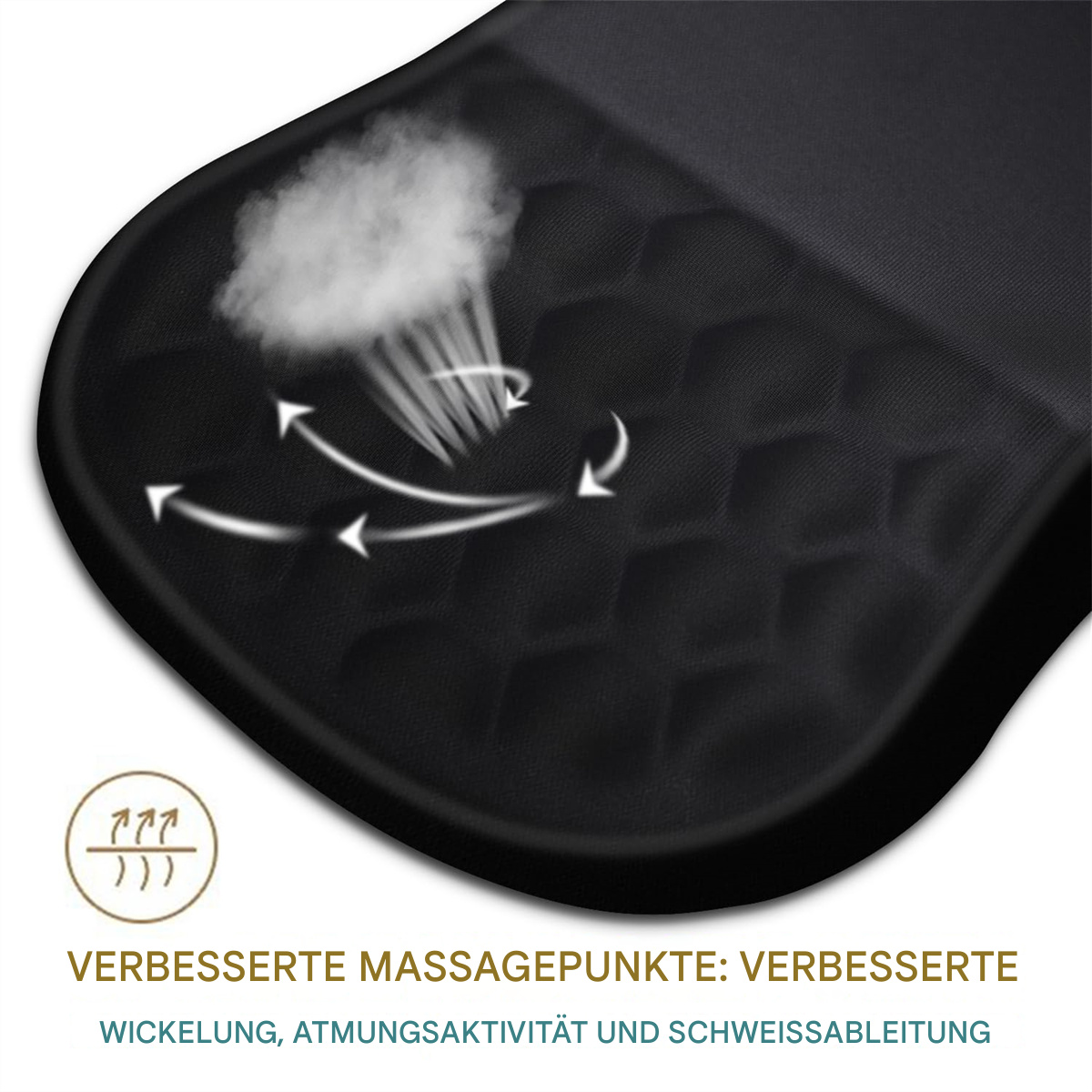 Nahaufnahme eines schwarzen Mauspads mit Text: VERBESSERTE MASSAGEPUNKTE: VERBESSERTE WICKELUNG.