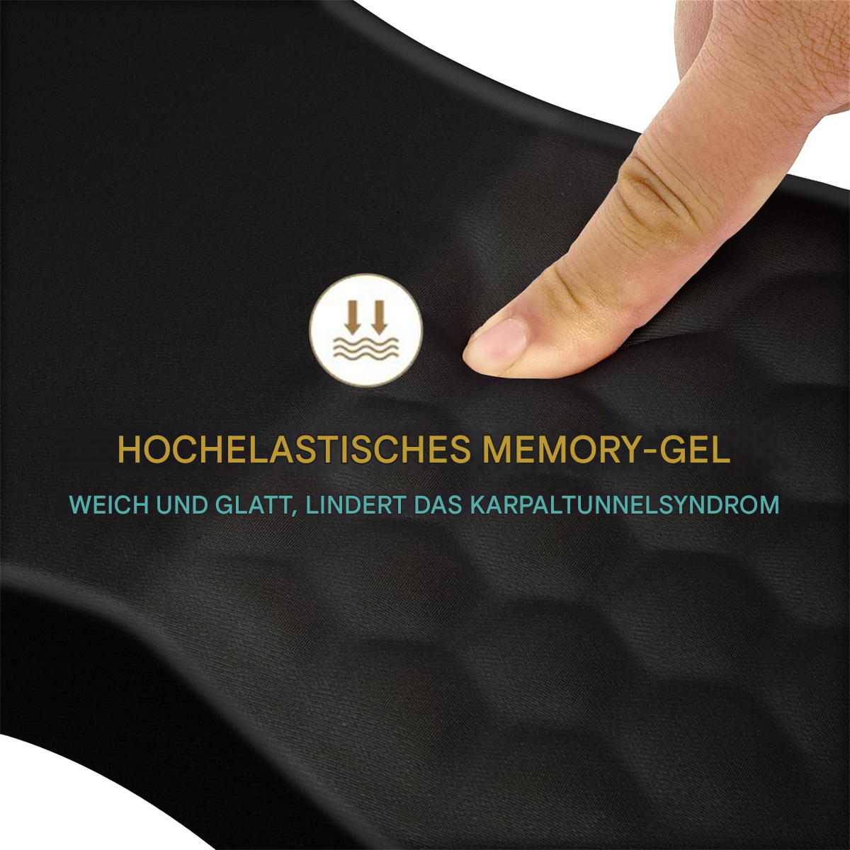 Der Finger einer Person drückt auf eine schwarze Oberfläche mit Text: HOCHELASTISCHES MEMORY-GEL.