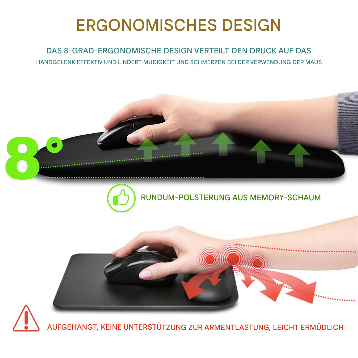 Ein ergonomisches Mousepad, weiße Maus und Tastatur auf hellblauem Untergrund, mit Reinigungsanweisungen.