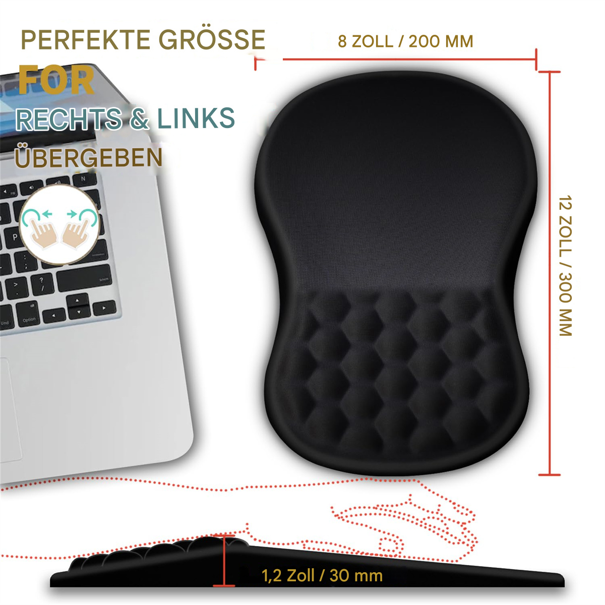 Hände, die auf einer Tastatur tippen und eine Maus halten, mit zwei schwarzen ergonomischen Handgelenkstützen, Draufsicht.