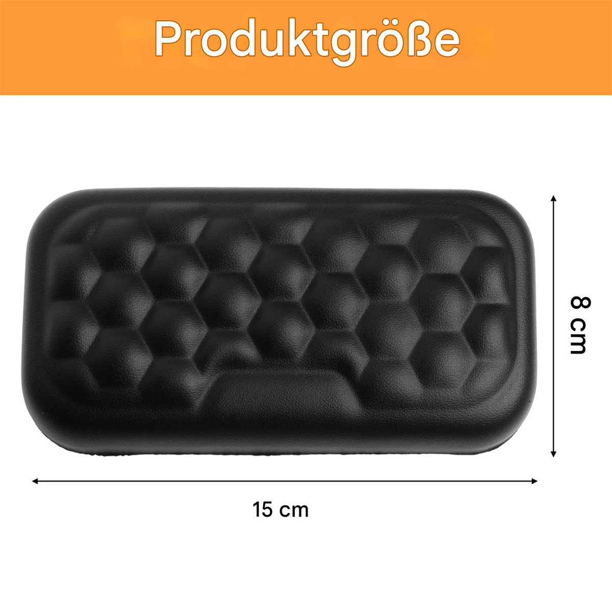 Schwarze Handgelenkstütze. Die Abmessungen sind 15 cm x 8 cm. Text: Produktgroße.