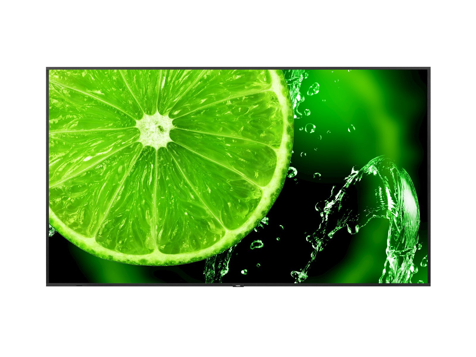 Un grande schermo mostra una fetta di lime con schizzi d'acqua su sfondo nero.