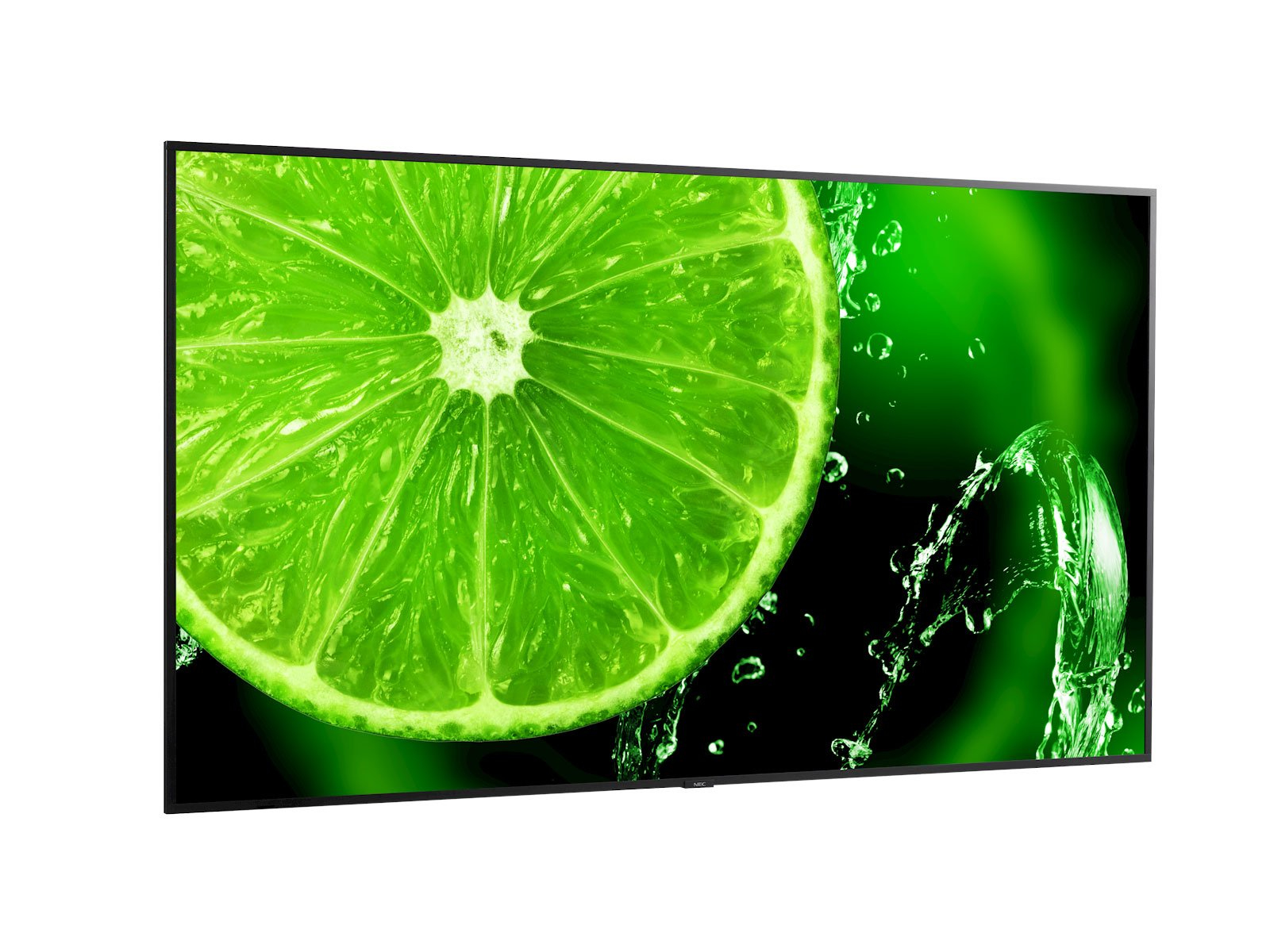 Un monitor mostra un primo piano di una fetta di lime verde con goccioline d'acqua su uno sfondo nero.