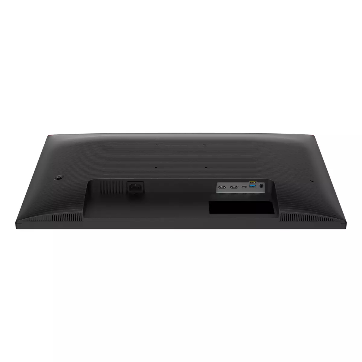 Widok z góry na czarny monitor z portami i wejściem zasilania.