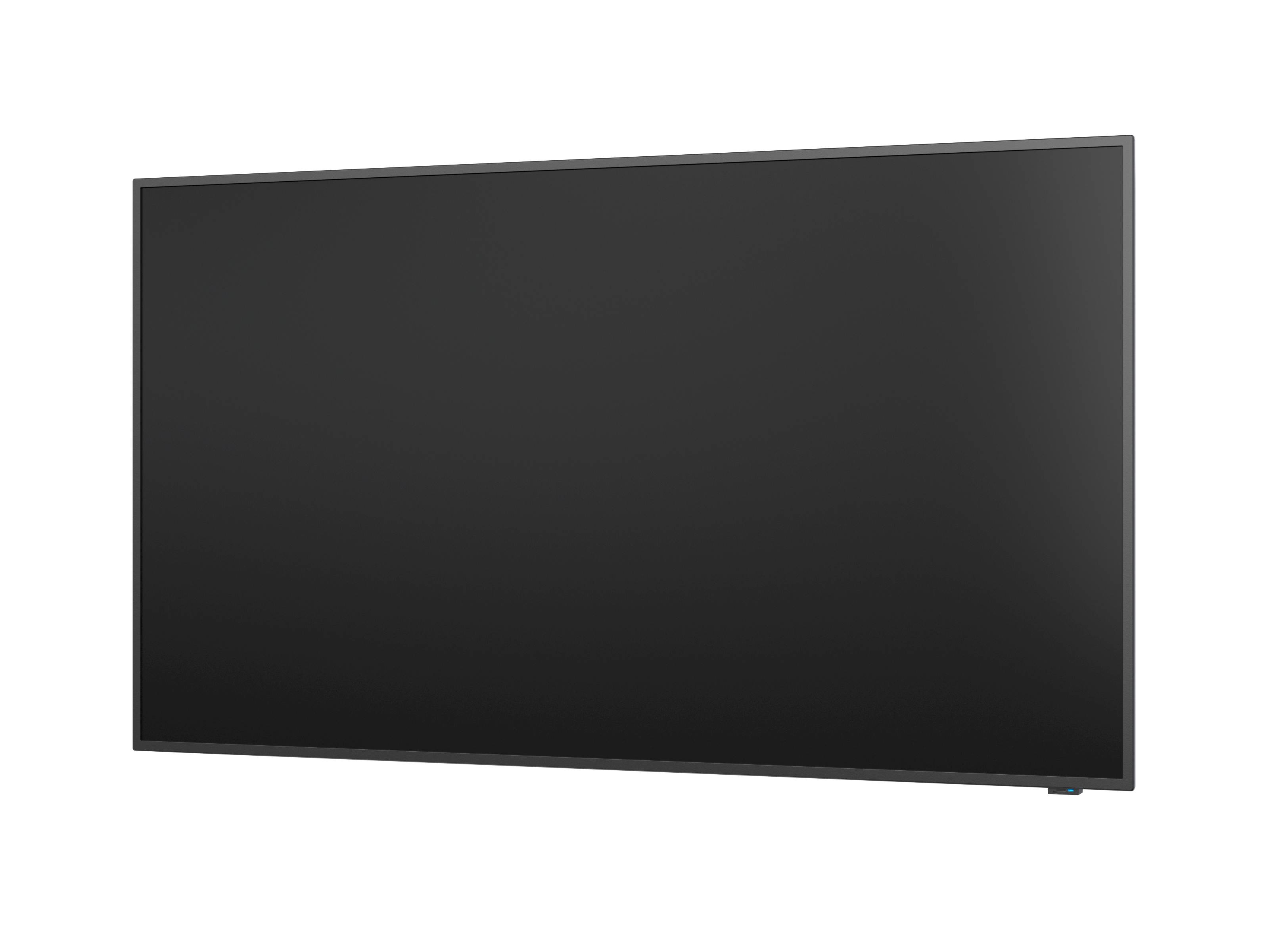 Un grande monitor a schermo piatto nero su sfondo bianco, leggermente inclinato verso sinistra.