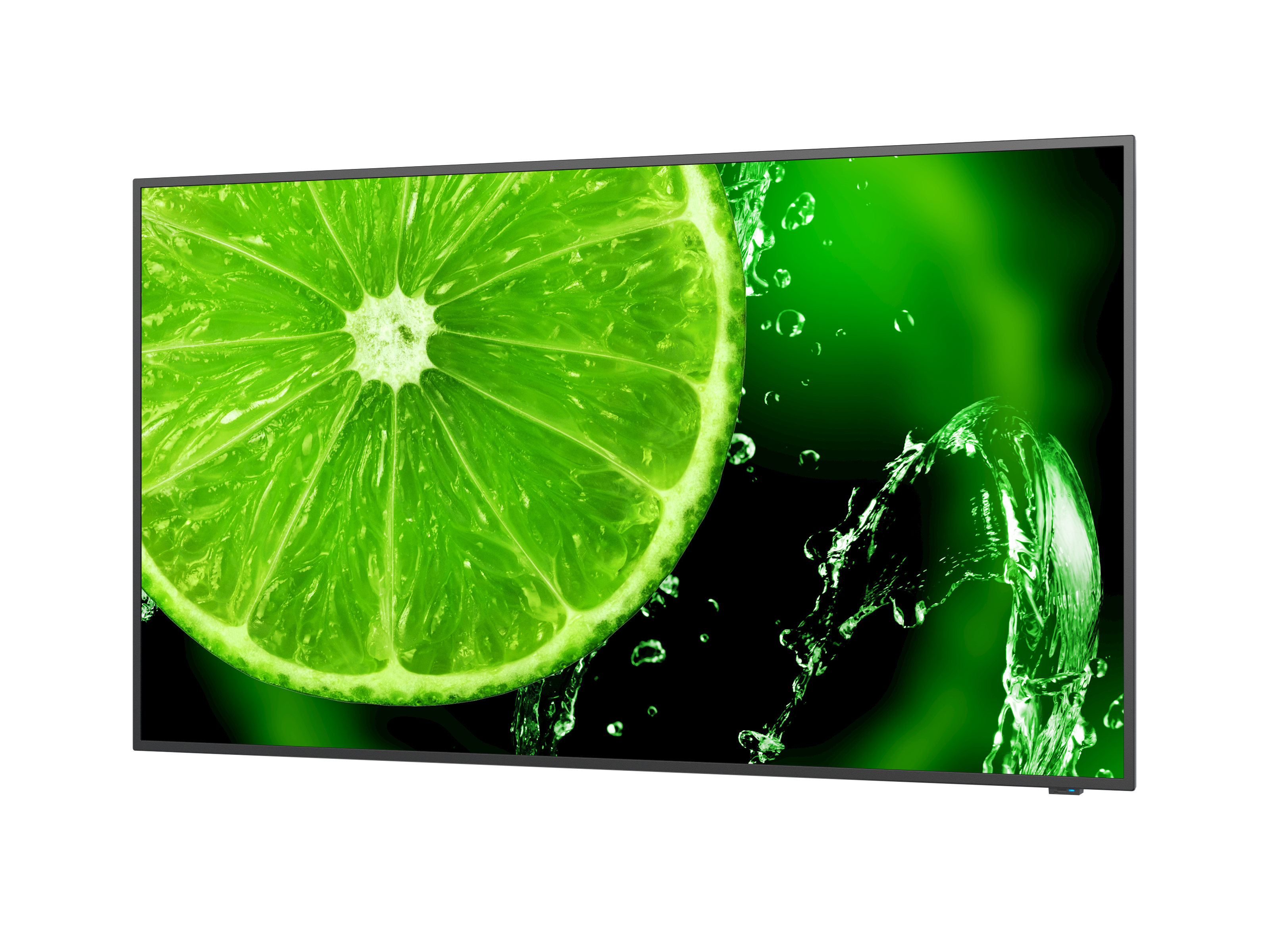 Una fetta di lime con gocce d'acqua su sfondo verde, visualizzata su uno schermo con cornice nera.