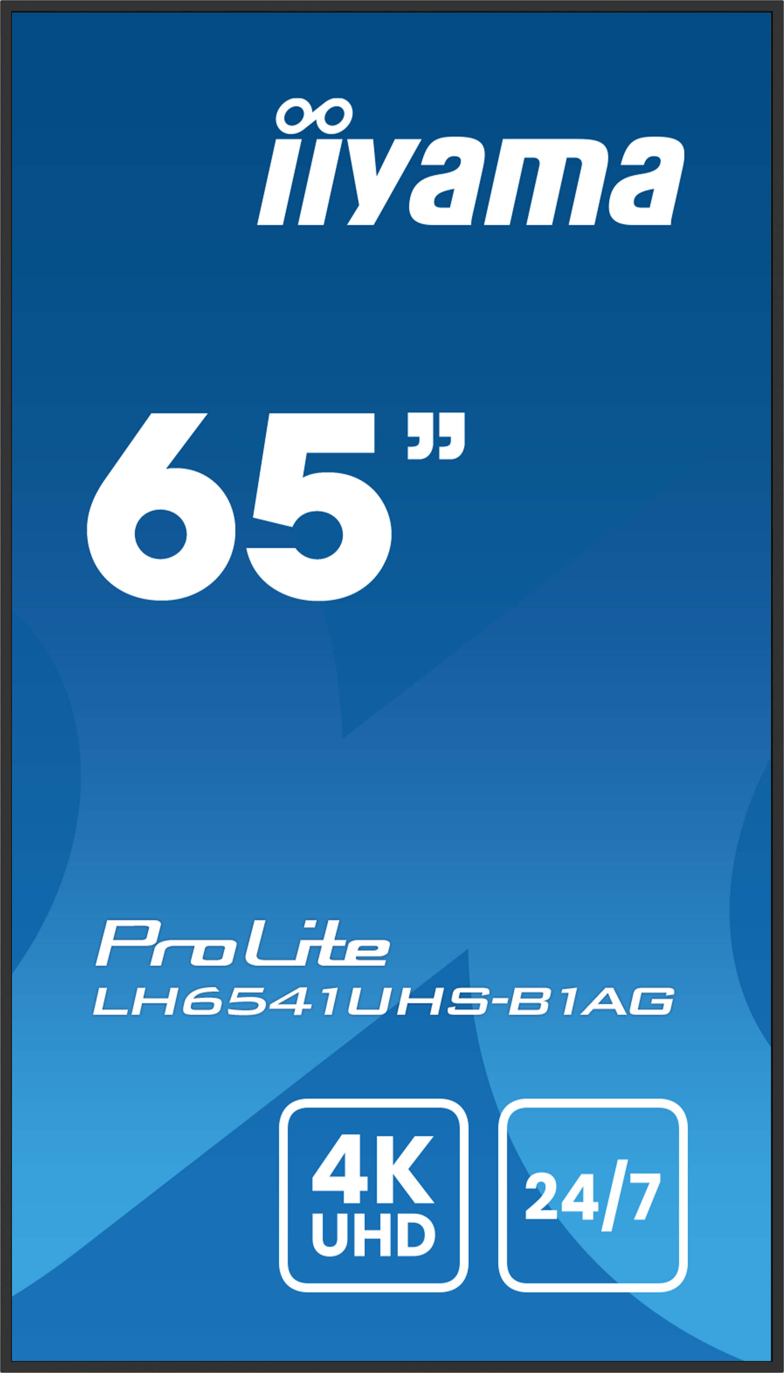 Niebieski ekran TV z marką Iiyama i modelem ProLite LH6541UHS-B1AG. Logo '4K UHD' i '24/7'.