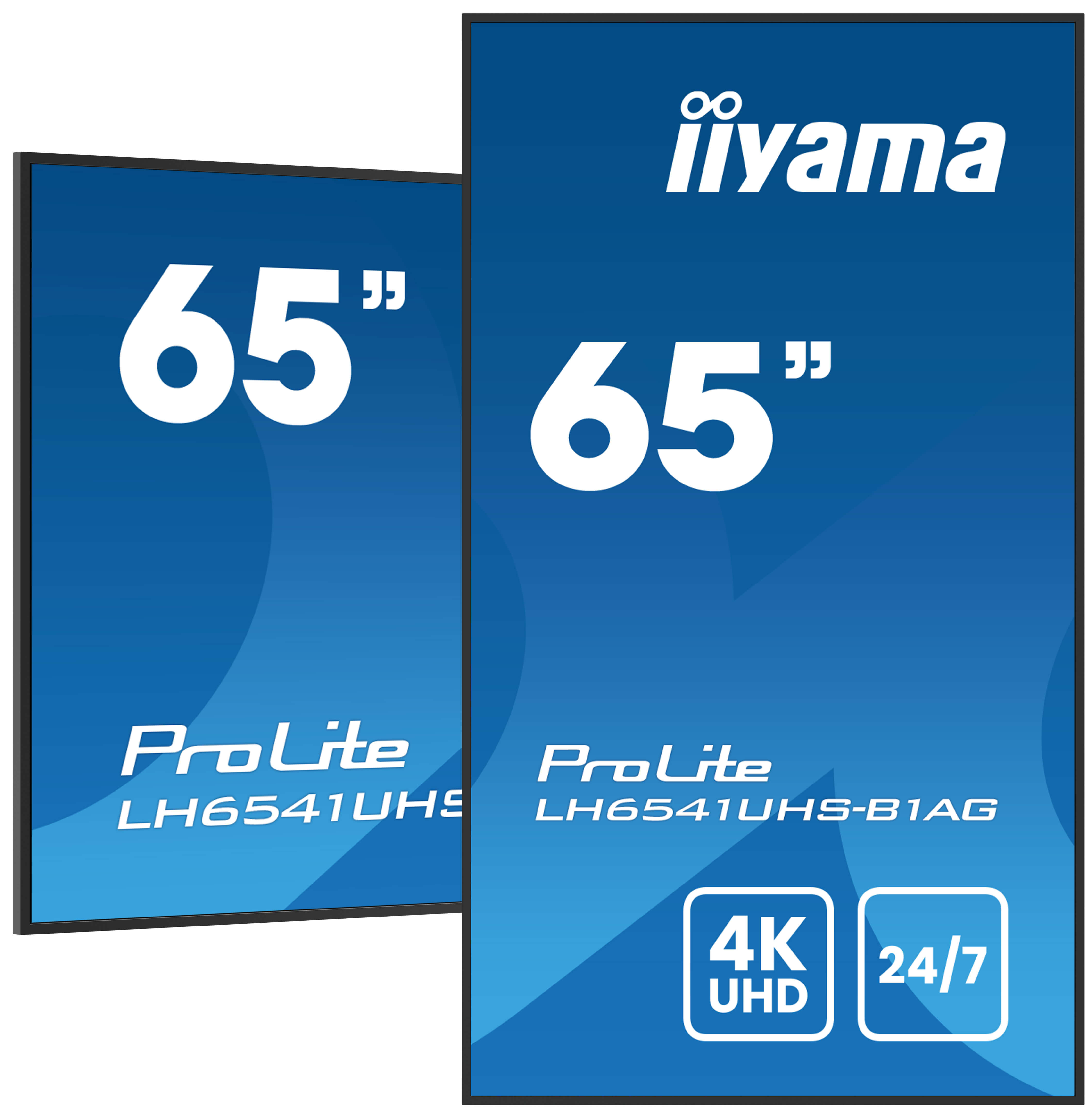 Dwa ekrany TV z marką Iiyama i modelem ProLite LH6541UHS z logo 4K UHD i 24/7.