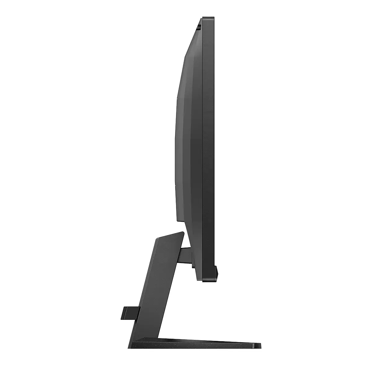 Zijaanzicht van een zwarte monitor met een slank ontwerp en een stevige voet op een witte achtergrond.
